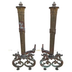 Used Iron & Brass Dragons Fireplace Andirons, a Pair
