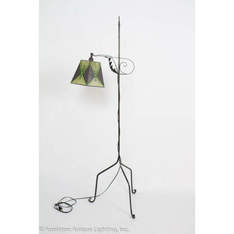 Arts and Crafts Antique Iron Bridge Lamp with Green Mica Shade For Sale
