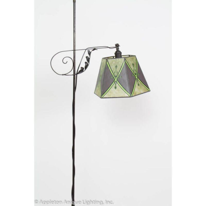 Antique Iron Bridge Lamp with Green Mica Shade In Excellent Condition For Sale In Canton, MA