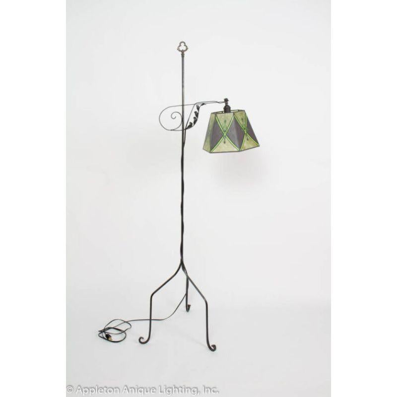 Wrought Iron Antique Iron Bridge Lamp with Green Mica Shade For Sale