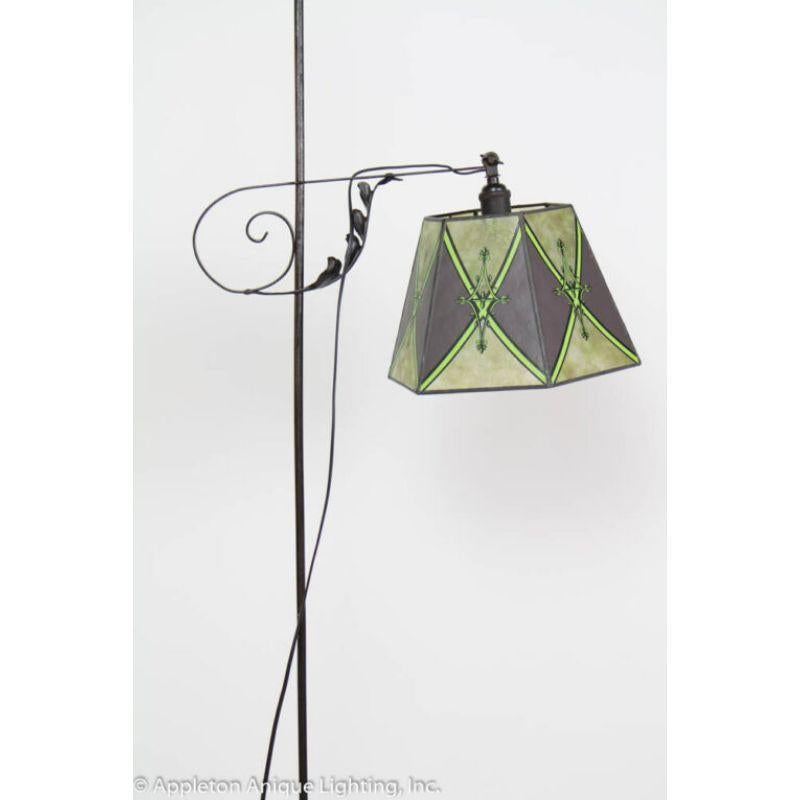 Antique Iron Bridge Lamp with Green Mica Shade For Sale 2
