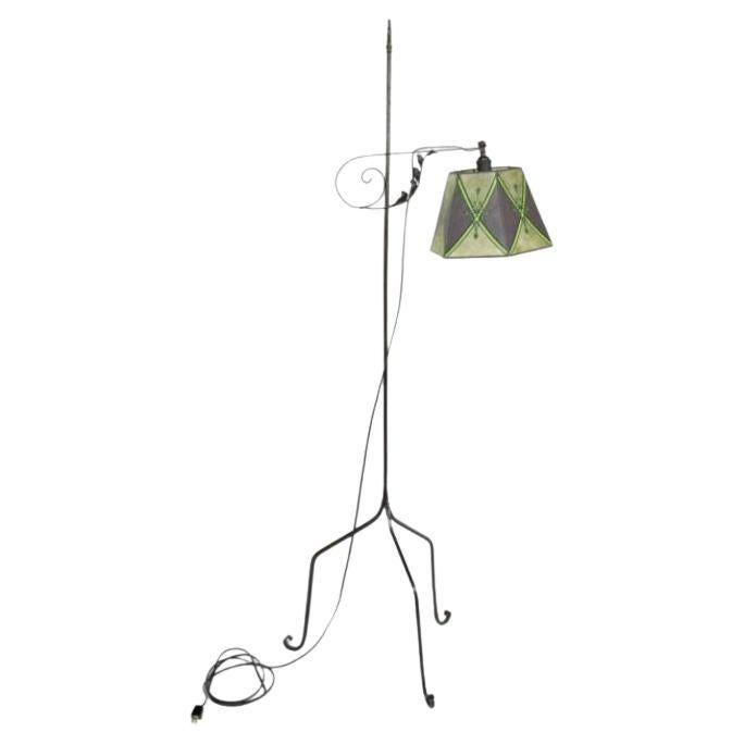 Antique Iron Bridge Lamp with Green Mica Shade For Sale