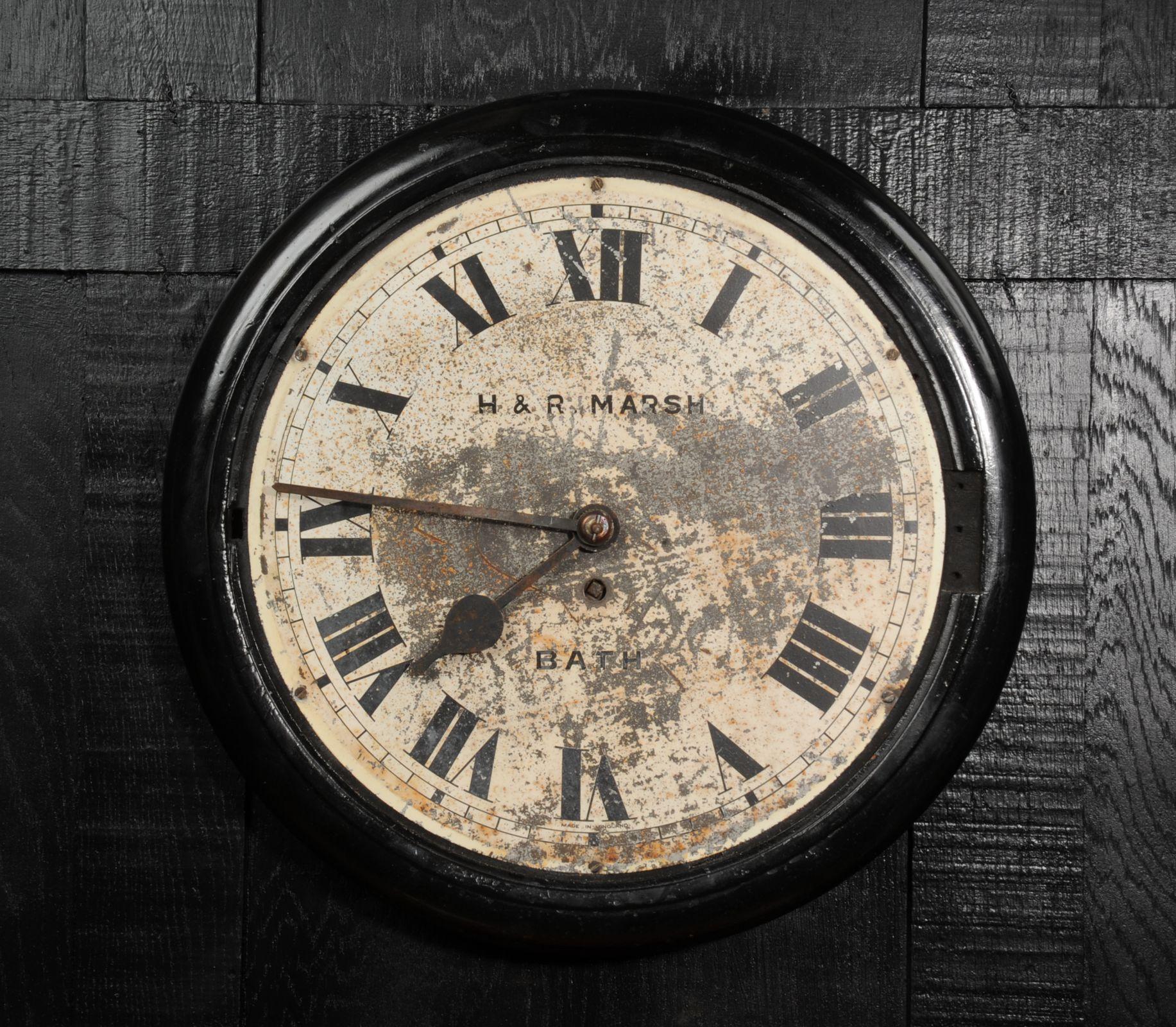 A lovely antique painted iron clock dial signed ''H & R Marsh, Bath'' and dating from circa 1910. As reclaimed by our buyer from a derelict building, it bares the scars of a hard life. Beautifully patinated with paint loss, scratches and rust. It