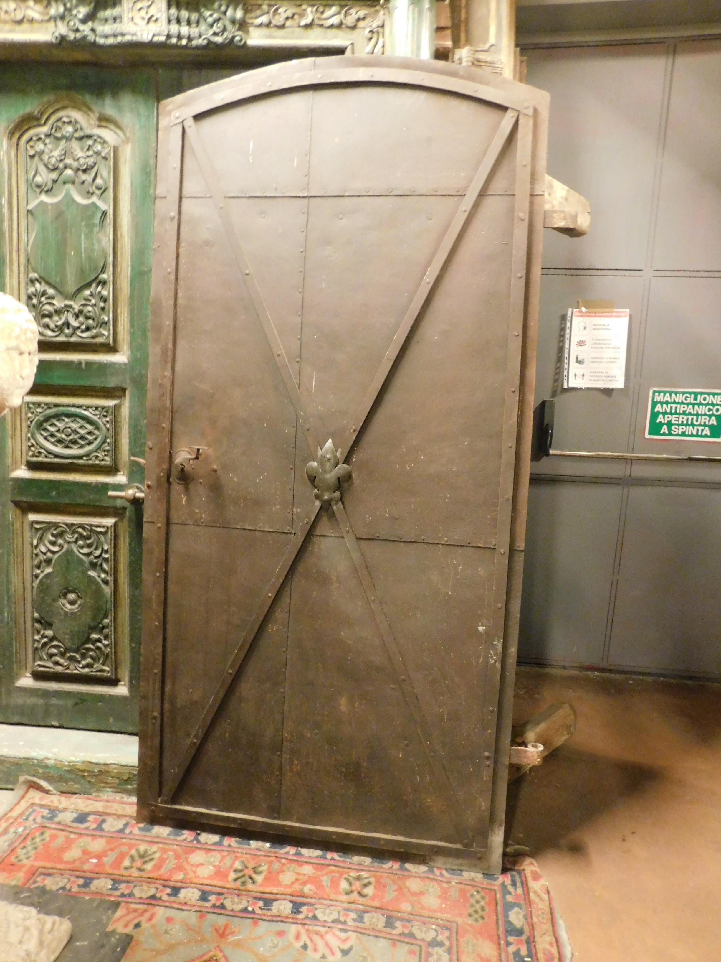 Ancienne porte en fer, c'était la porte de la tour d'un château en Autriche, forgée à la main en fer forgé au début du 19e siècle, elle a des charnières à poussoir et la poignée originale est intacte.
Idéale comme porte d'entrée d'une cave à vin,