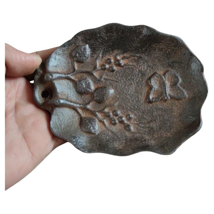 Antique Iron Engraving Butterfly Flowers Leave Shape Plate For Sale