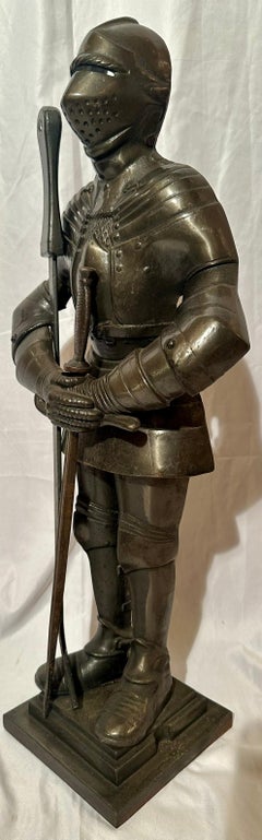 Antique Iron Fireplace Tool Set with Figural Medieval Knight in Armor.