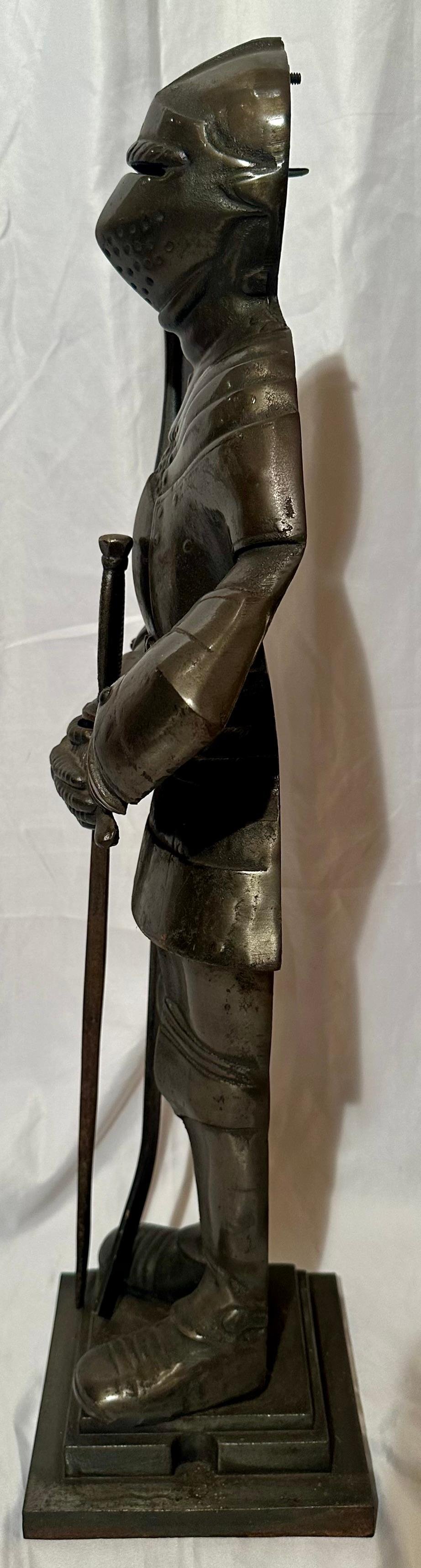 19th Century Antique Iron Fireplace Tool Set with Figural Medieval Knight in Armor. For Sale