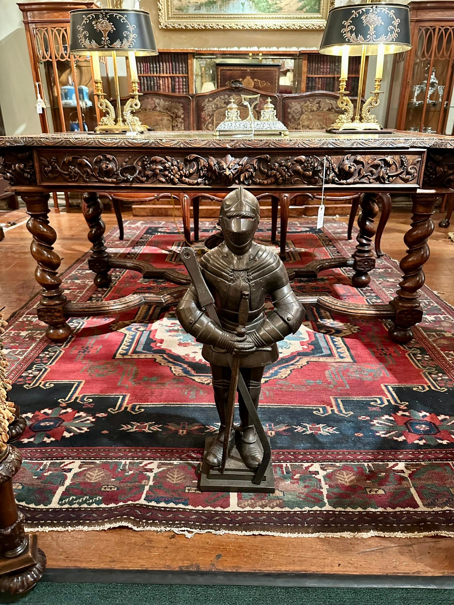 Antique Iron Fireplace Tool Set with Figural Medieval Knight in Armor. For Sale 3