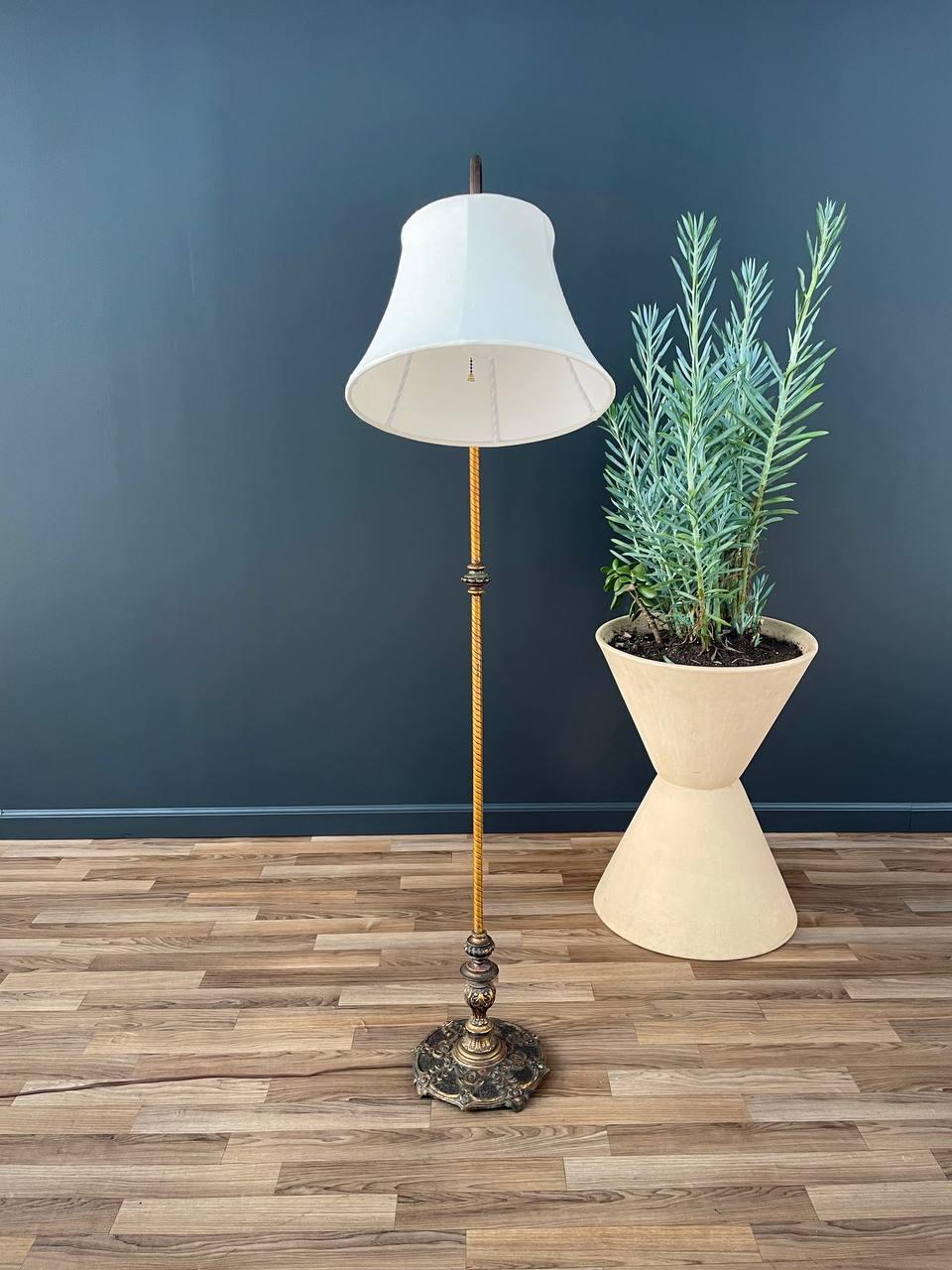 Art Deco Antique Iron Floor Lamp with Original Shade For Sale