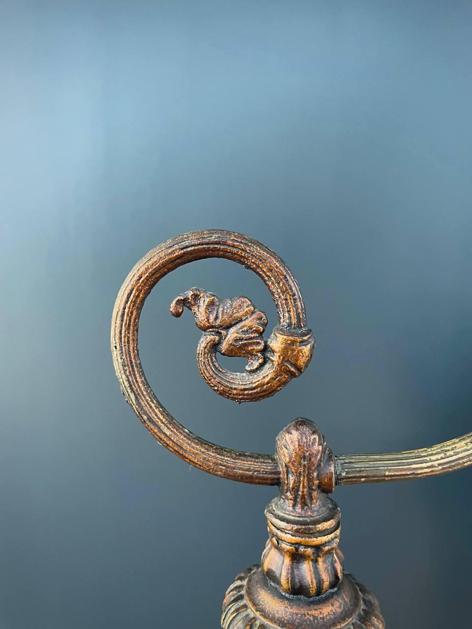 Mid-20th Century Antique Iron Floor Lamp with Original Shade For Sale