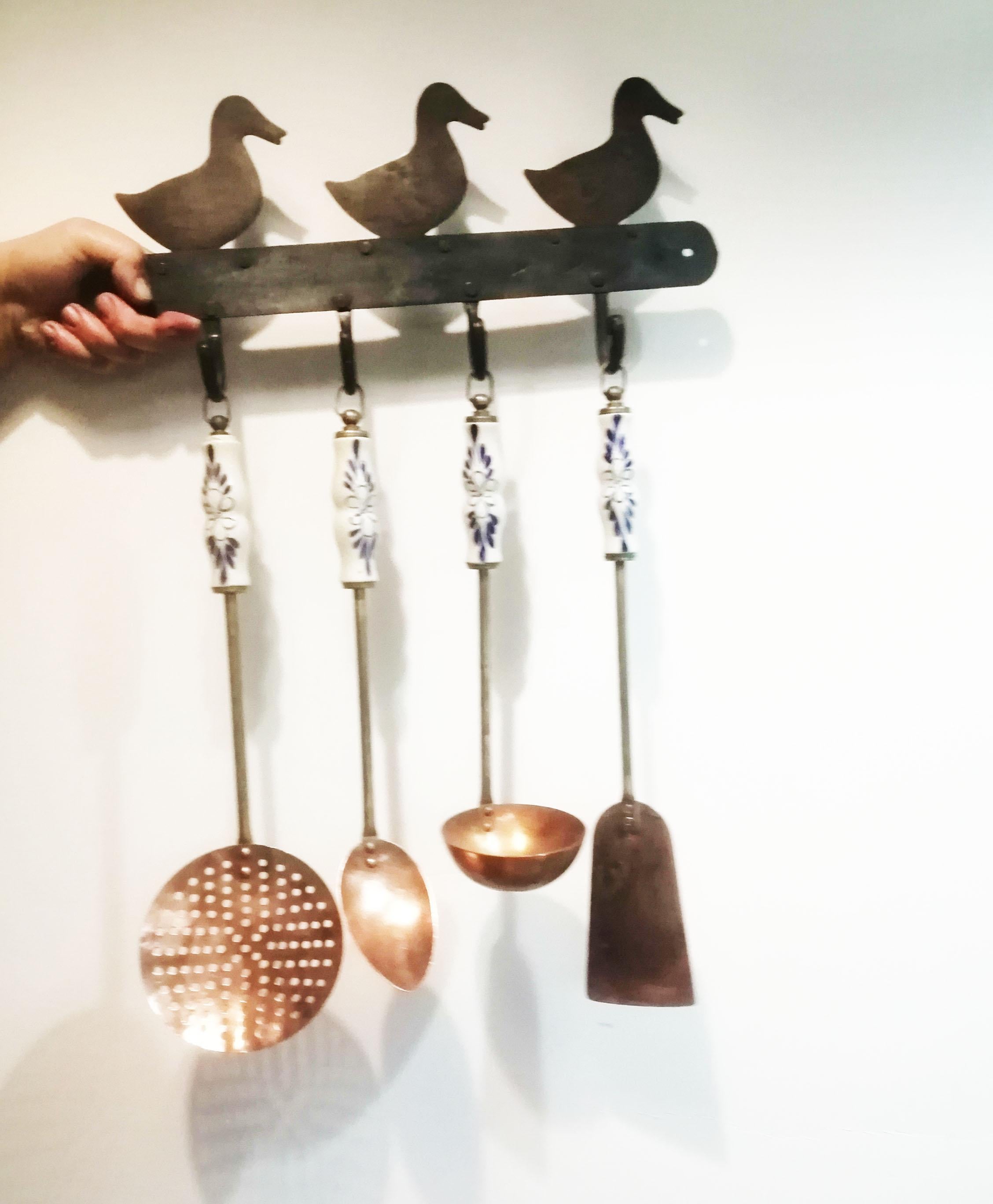 Coppe Kitchen Utensils Iron Forged Hanging Bar Copper and Brass Old 4