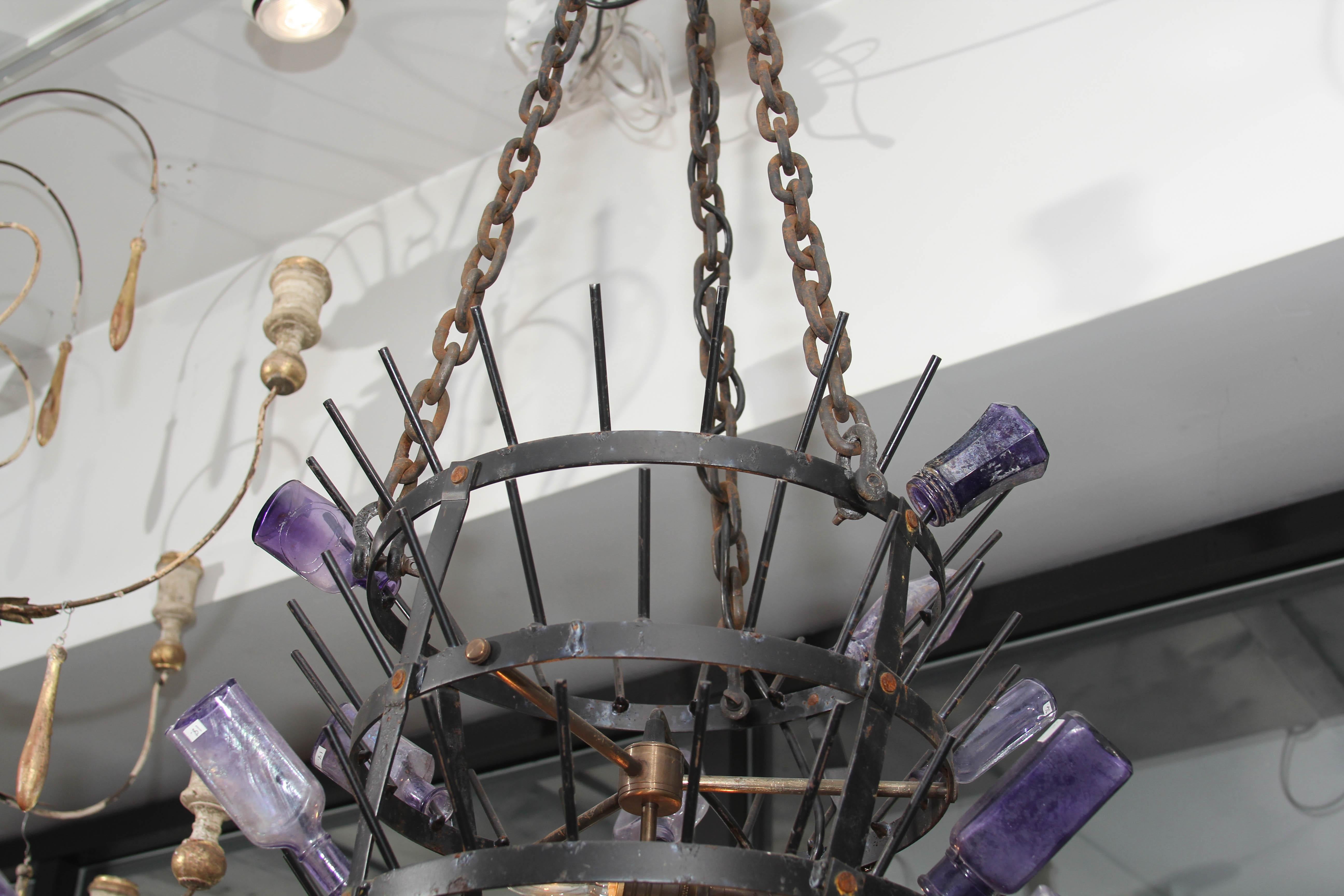 Antique Iron French Bottle Rack Chandelier In Good Condition In Seattle, WA