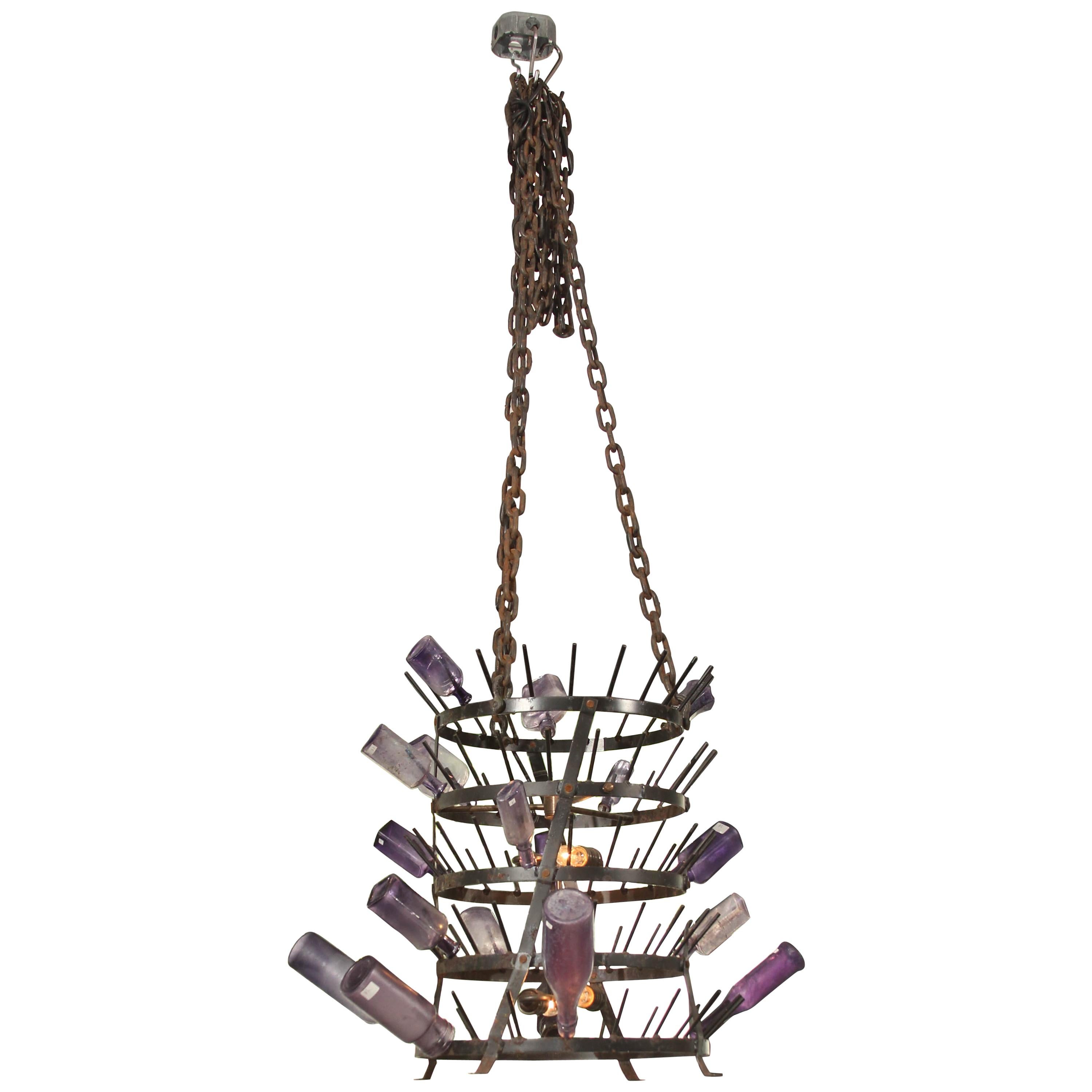 Antique Iron French Bottle Rack Chandelier