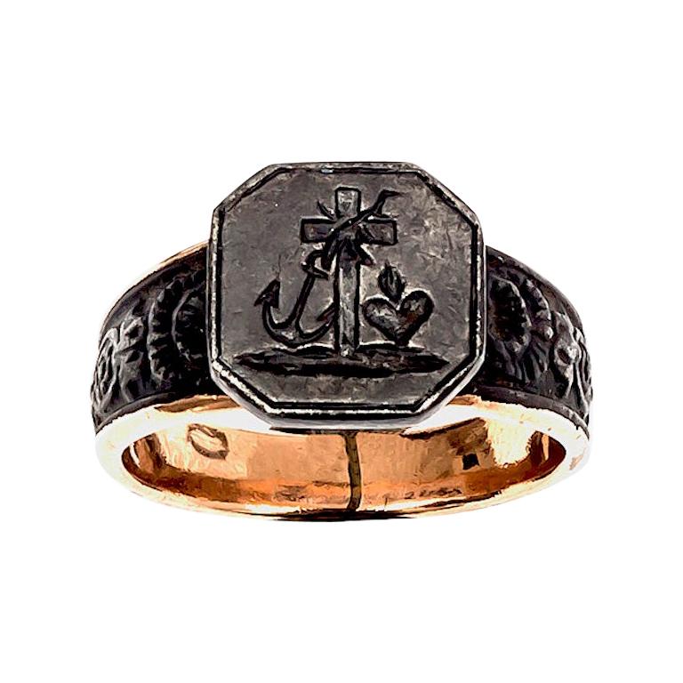 Antique Iron Gold Signet Ring Faith Hope Charity