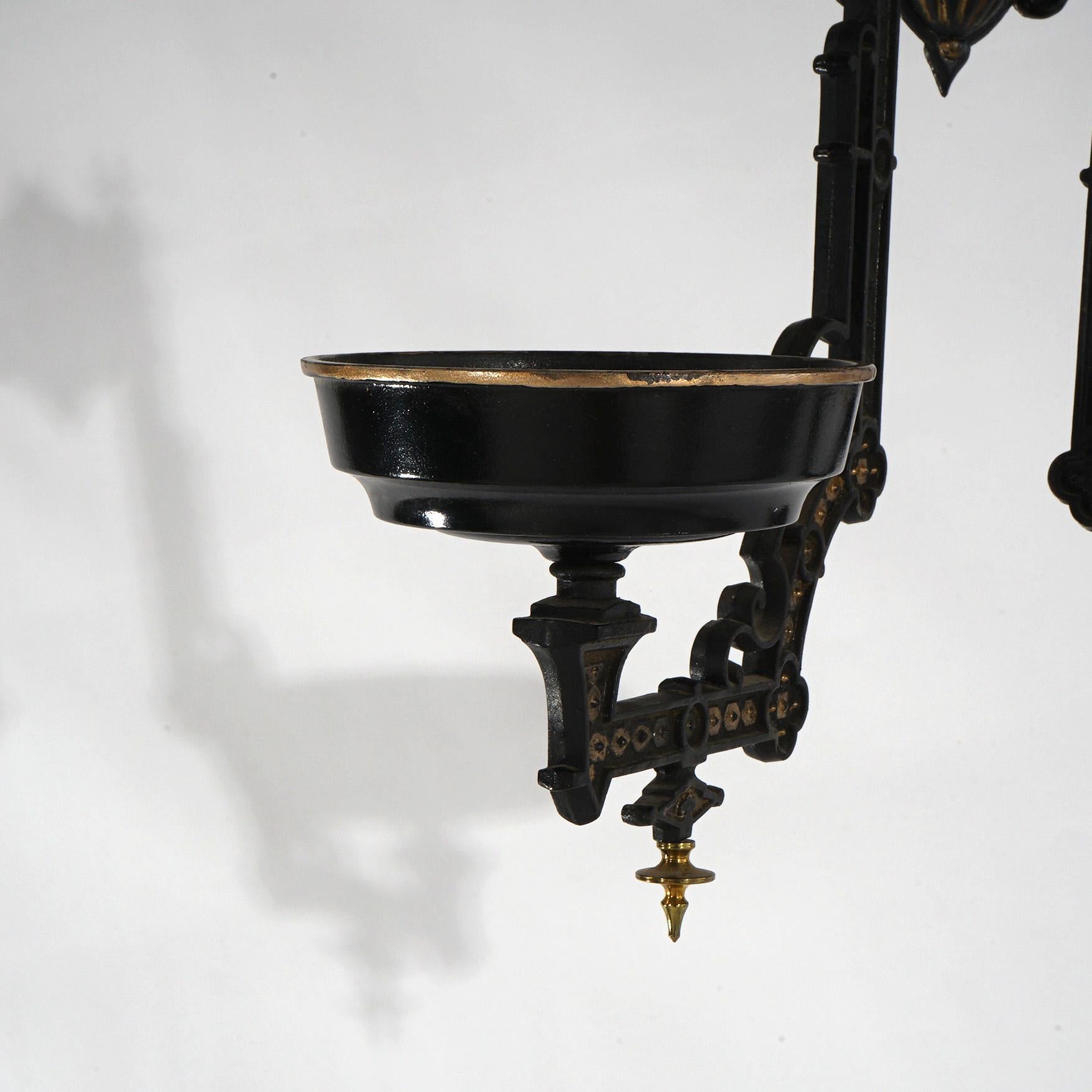 Antique Iron Horse Ebonized &Gilt Cast Iron Double Oil Lamp Wall Sconce C1860 6