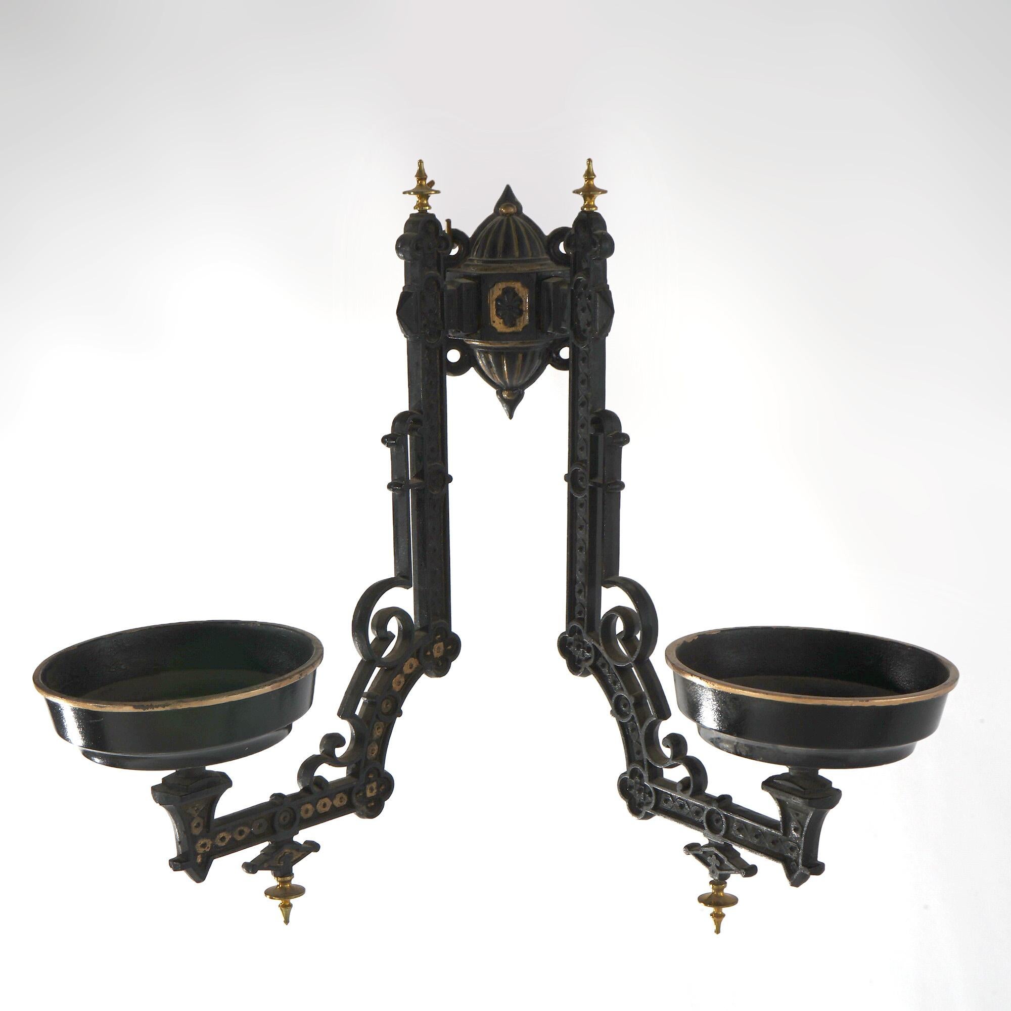 Antique Iron Horse Ebonized &Gilt Cast Iron Double Oil Lamp Wall Sconce C1860 In Good Condition In Big Flats, NY