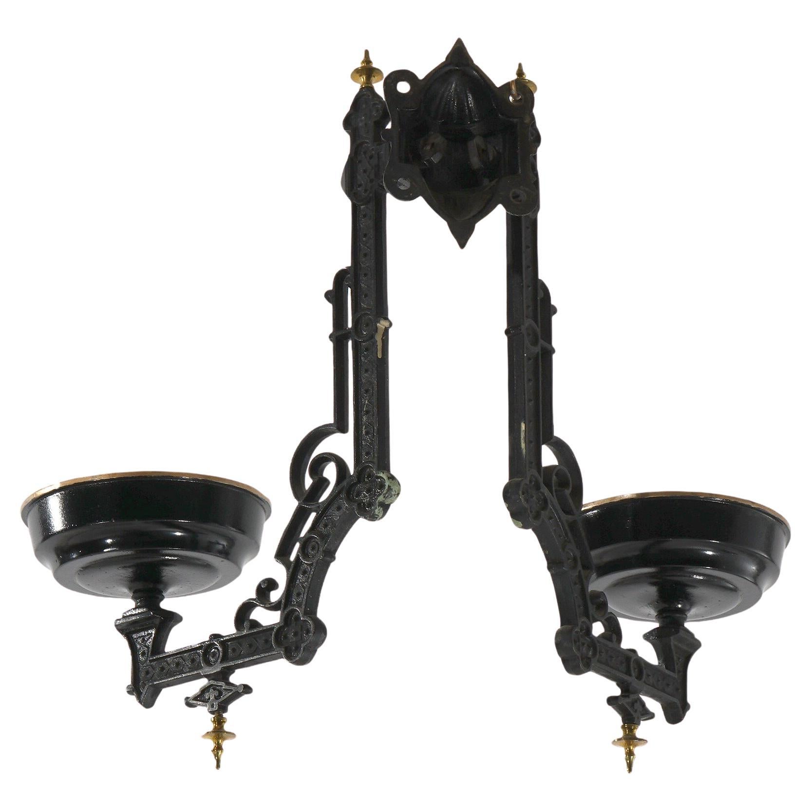 Antique Iron Horse Ebonized &Gilt Cast Iron Double Oil Lamp Wall Sconce C1860