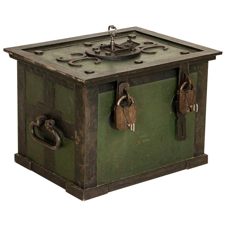 Antique Iron Lock Box or Safe with Original Padlocks and Keys, Unique Side Table