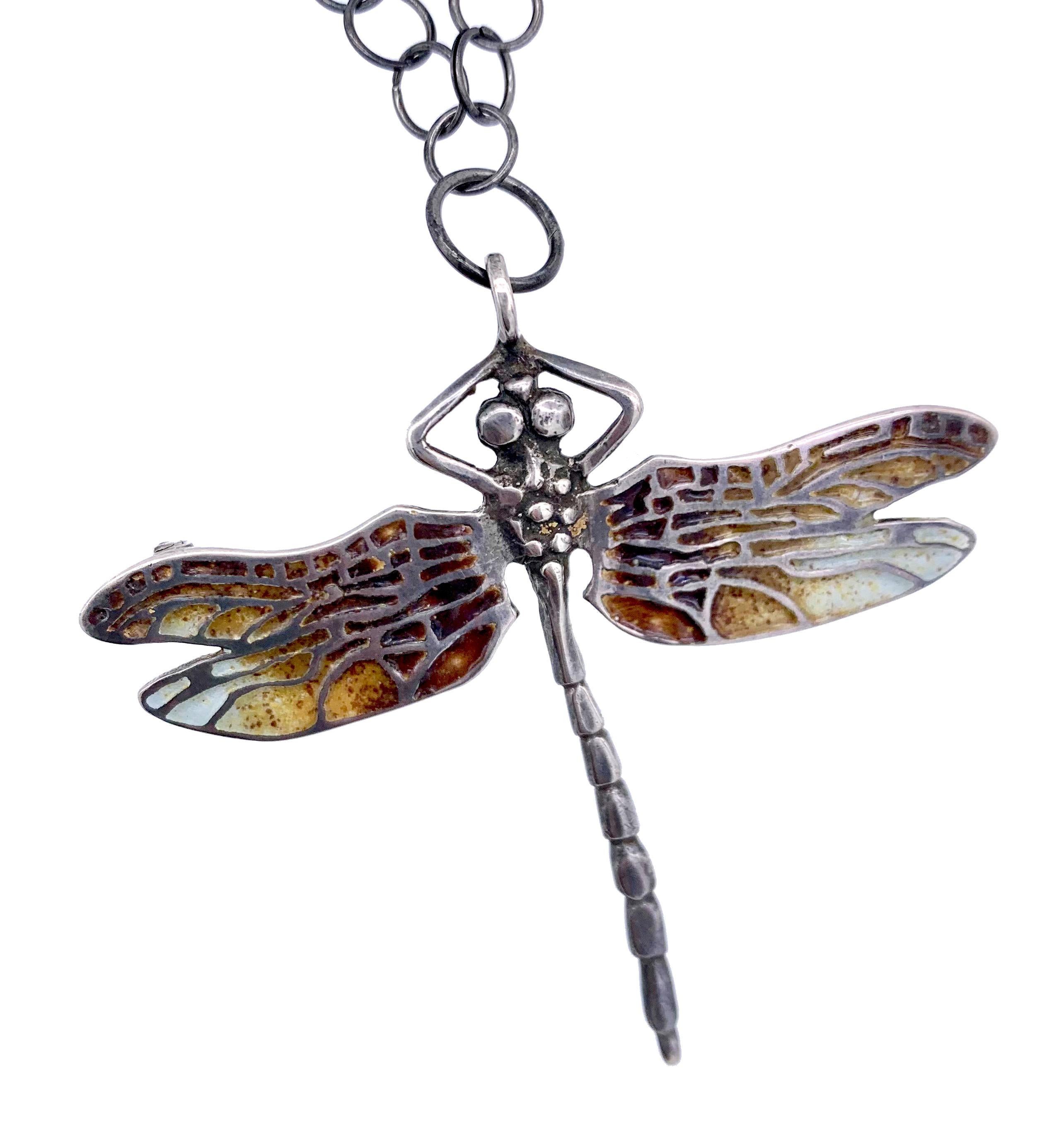 This wonderful antique long guard chain is made from extremely fine iron split rings. It came to me accompanied by an Art Nouveau style sterling silver dragonfly, painted with different hues of enamel.