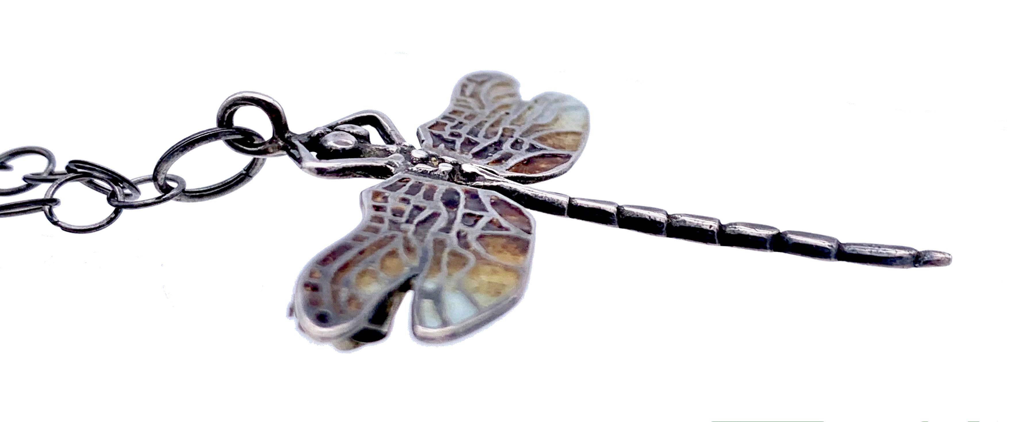 Empire Antique Iron Long Guard Chain with Enamelled Silver Dragonfly For Sale