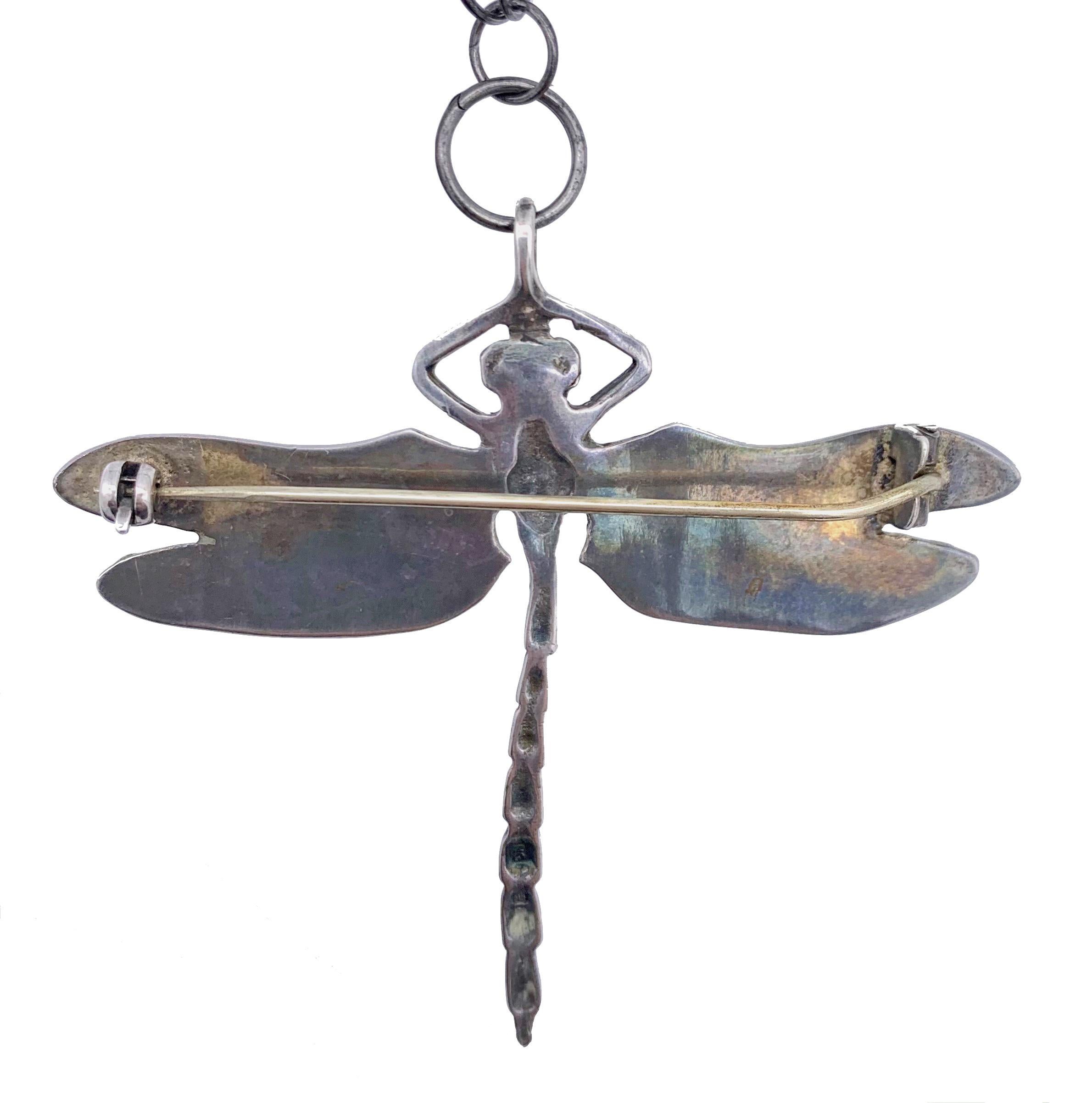 Antique Iron Long Guard Chain with Enamelled Silver Dragonfly In Good Condition For Sale In Munich, Bavaria