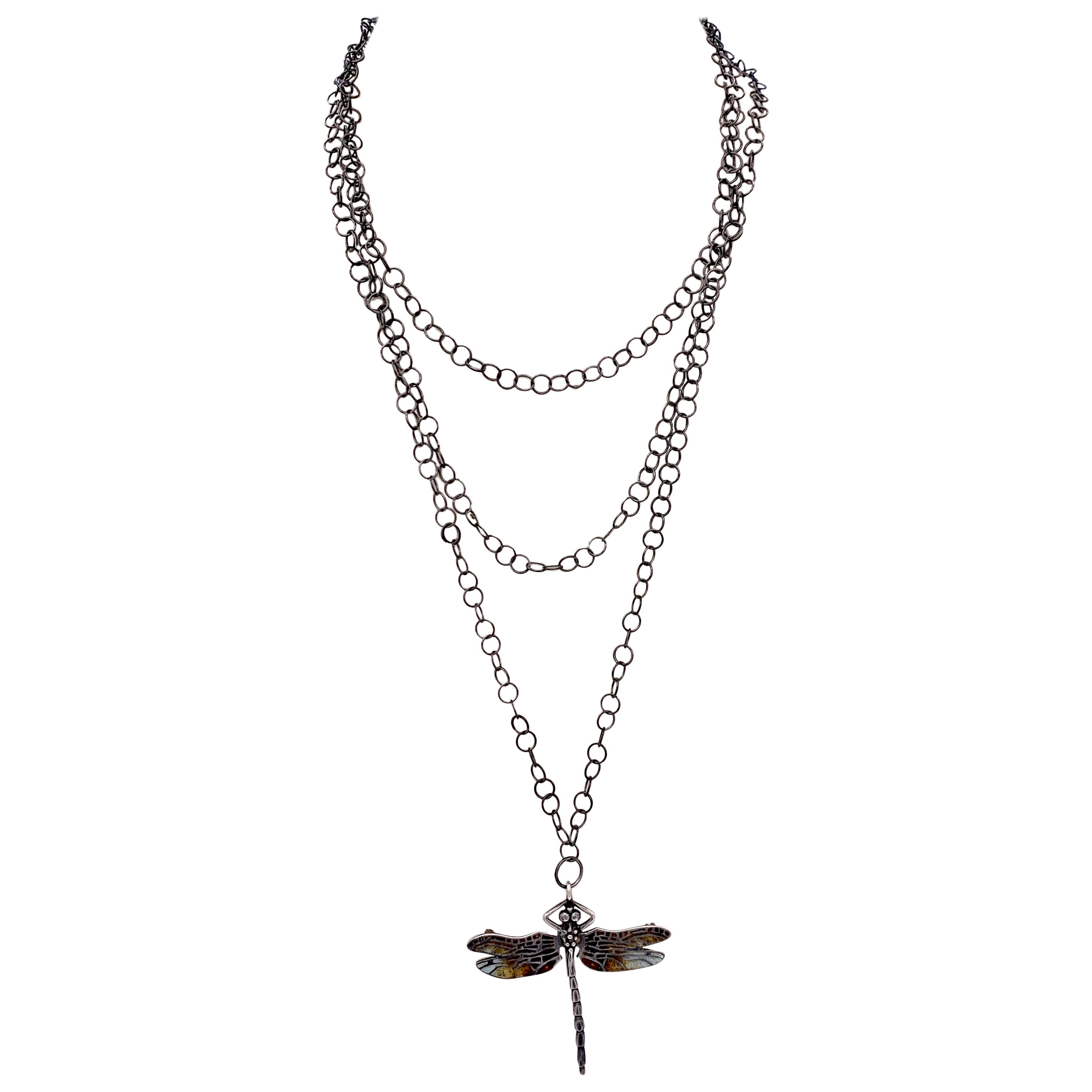 Antique Iron Long Guard Chain with Enamelled Silver Dragonfly