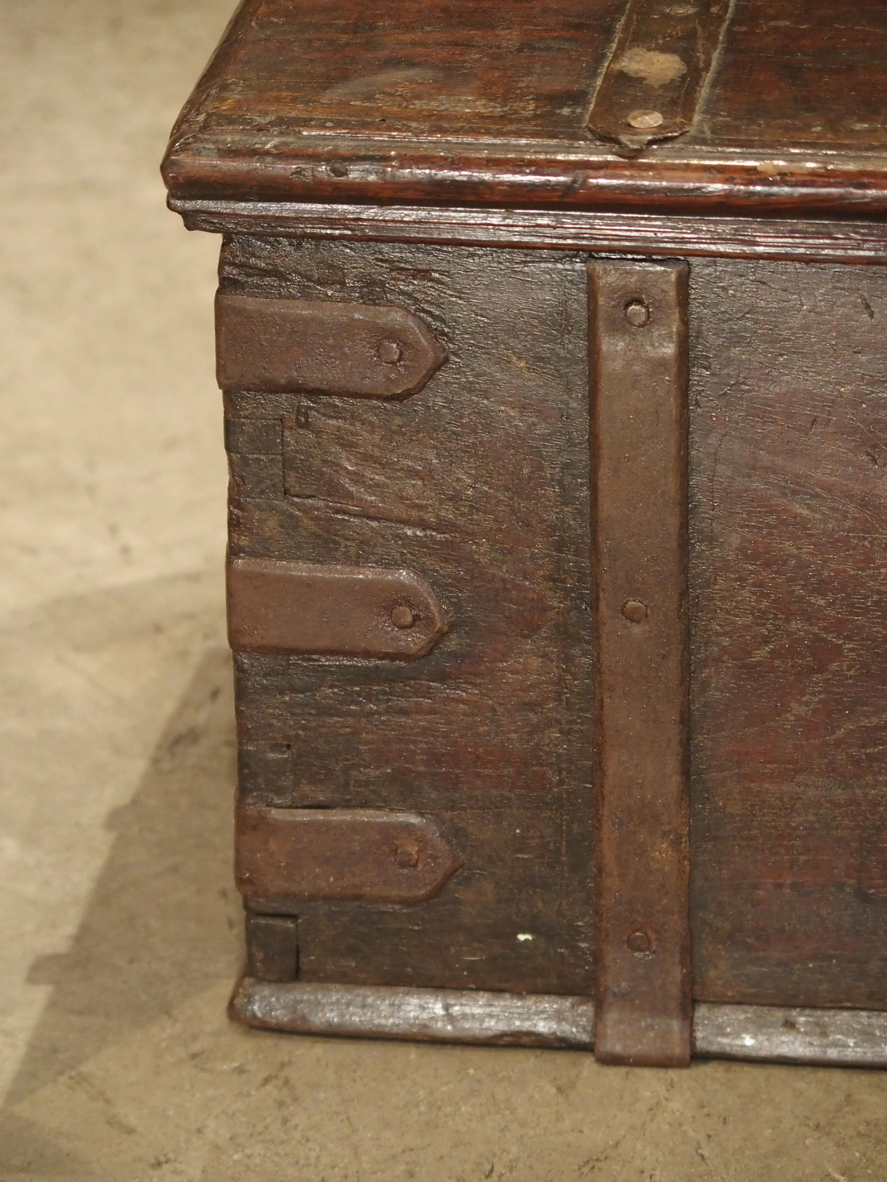 British Colonial Antique Iron Mounted Mahogany Trunk with Copper Handles, 19th Century