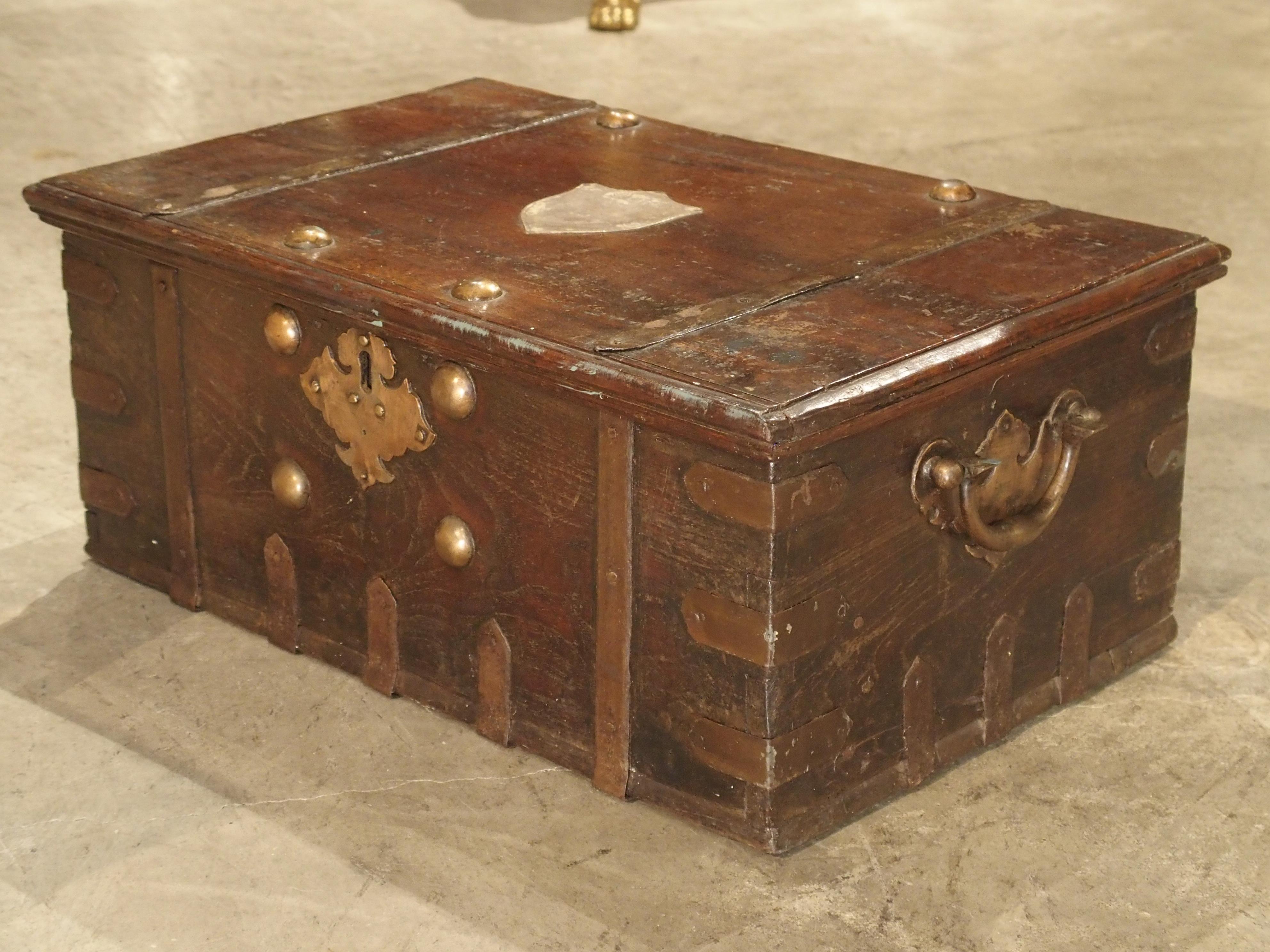 Hand-Carved Antique Iron Mounted Mahogany Trunk with Copper Handles, 19th Century