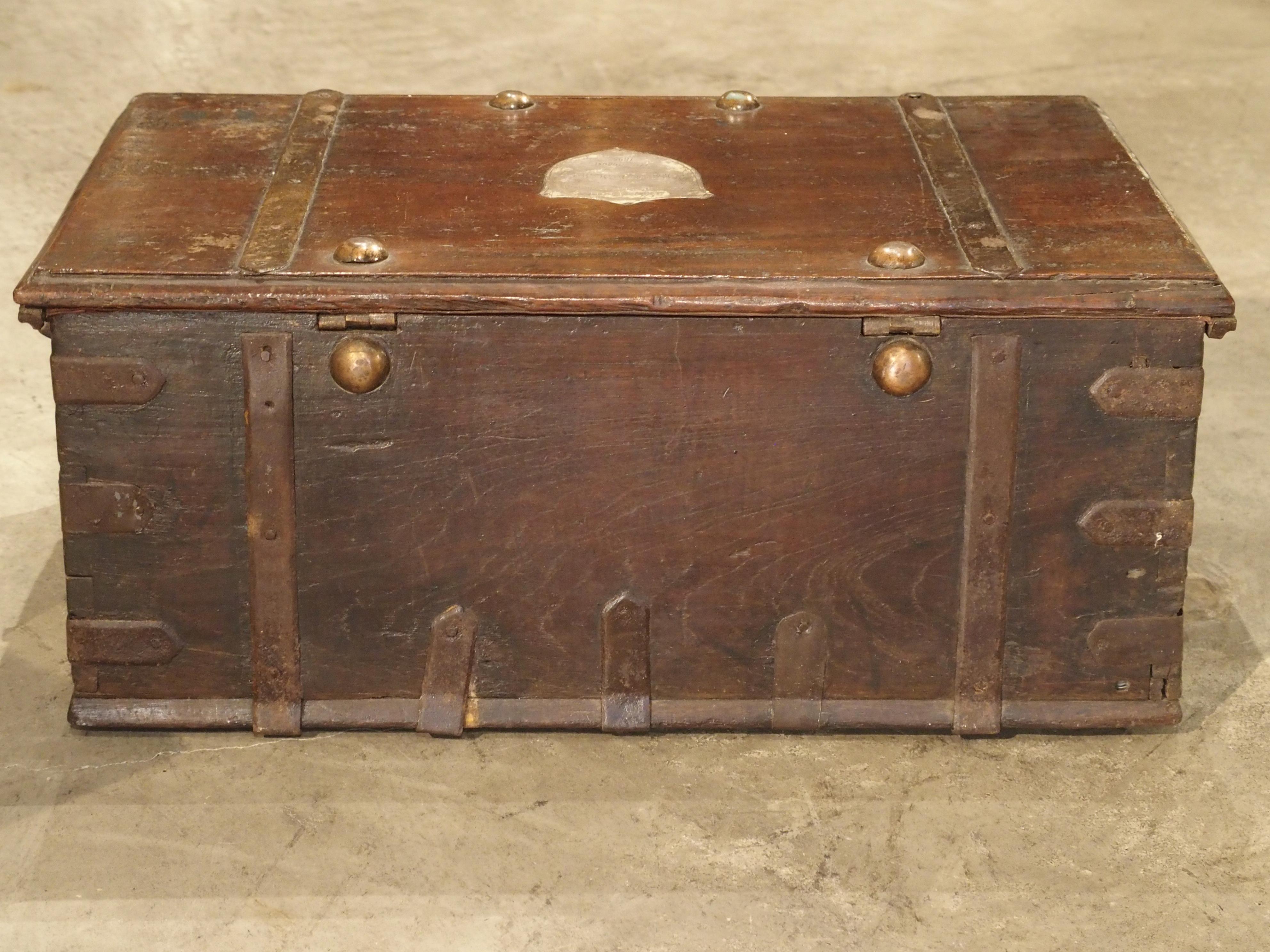 Antique Iron Mounted Mahogany Trunk with Copper Handles, 19th Century 3