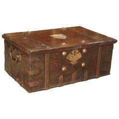 Antique Iron Mounted Mahogany Trunk with Copper Handles, 19th Century