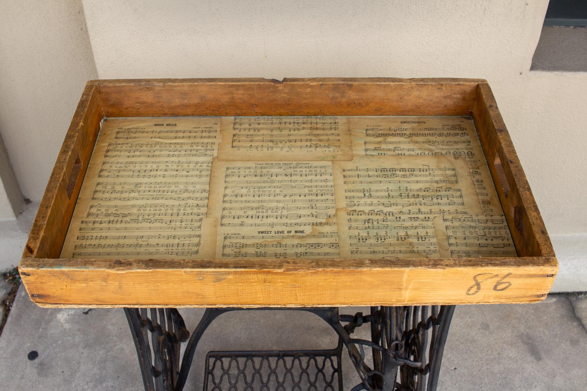Antique Iron Singer Bar w/ Removable Tray Inlaid w/ Vintage Romantic Sheet Music 4