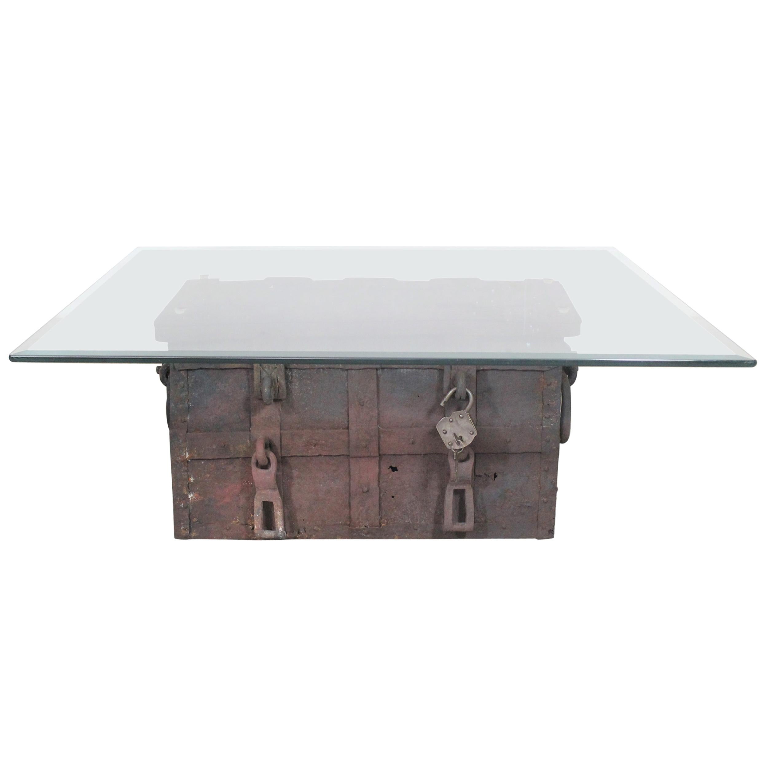 Antique Iron Strongbox/Treasure Chest/Designer Coffee Table For Sale