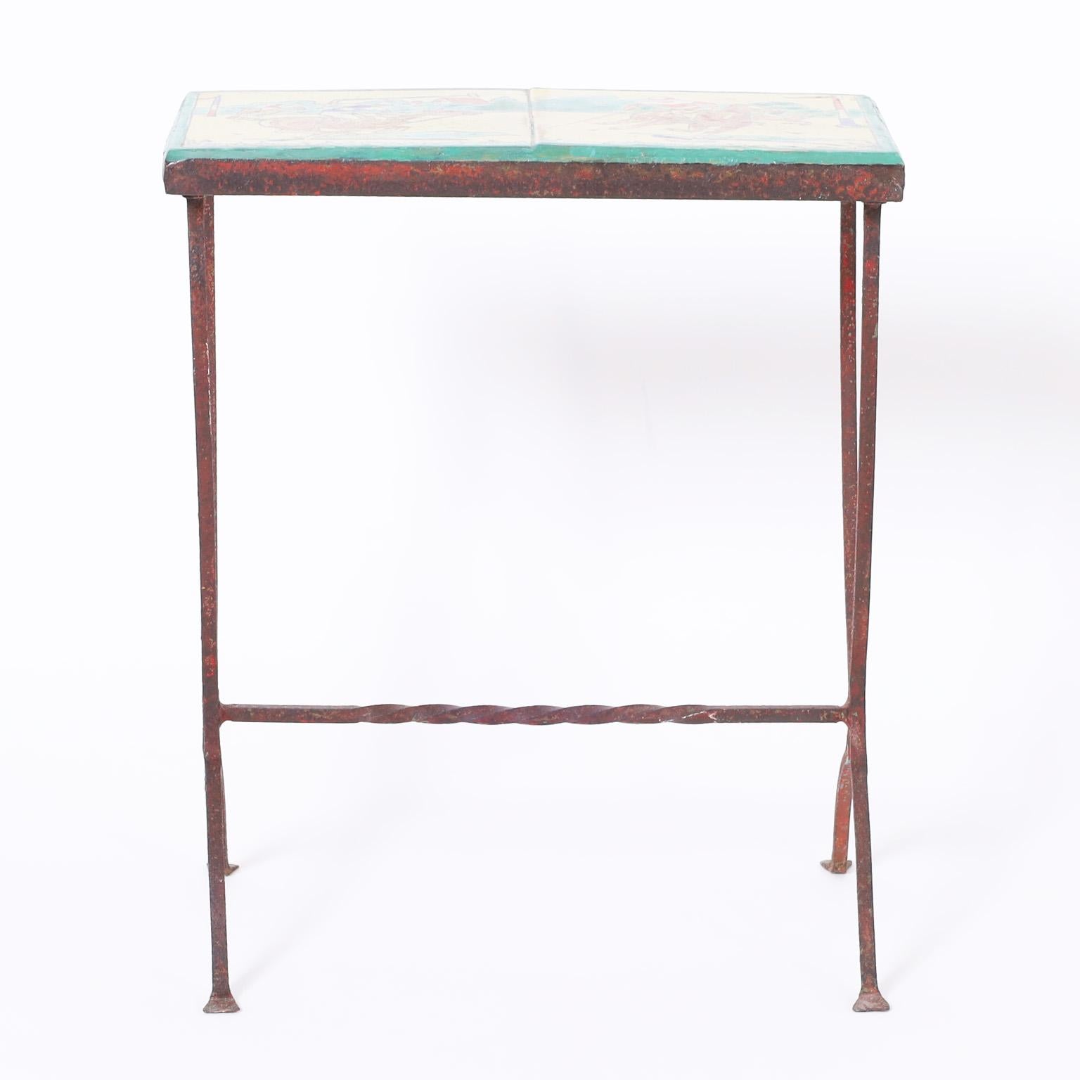 English Antique Iron Table or Stand with a Polo Themed Tile Top For Sale