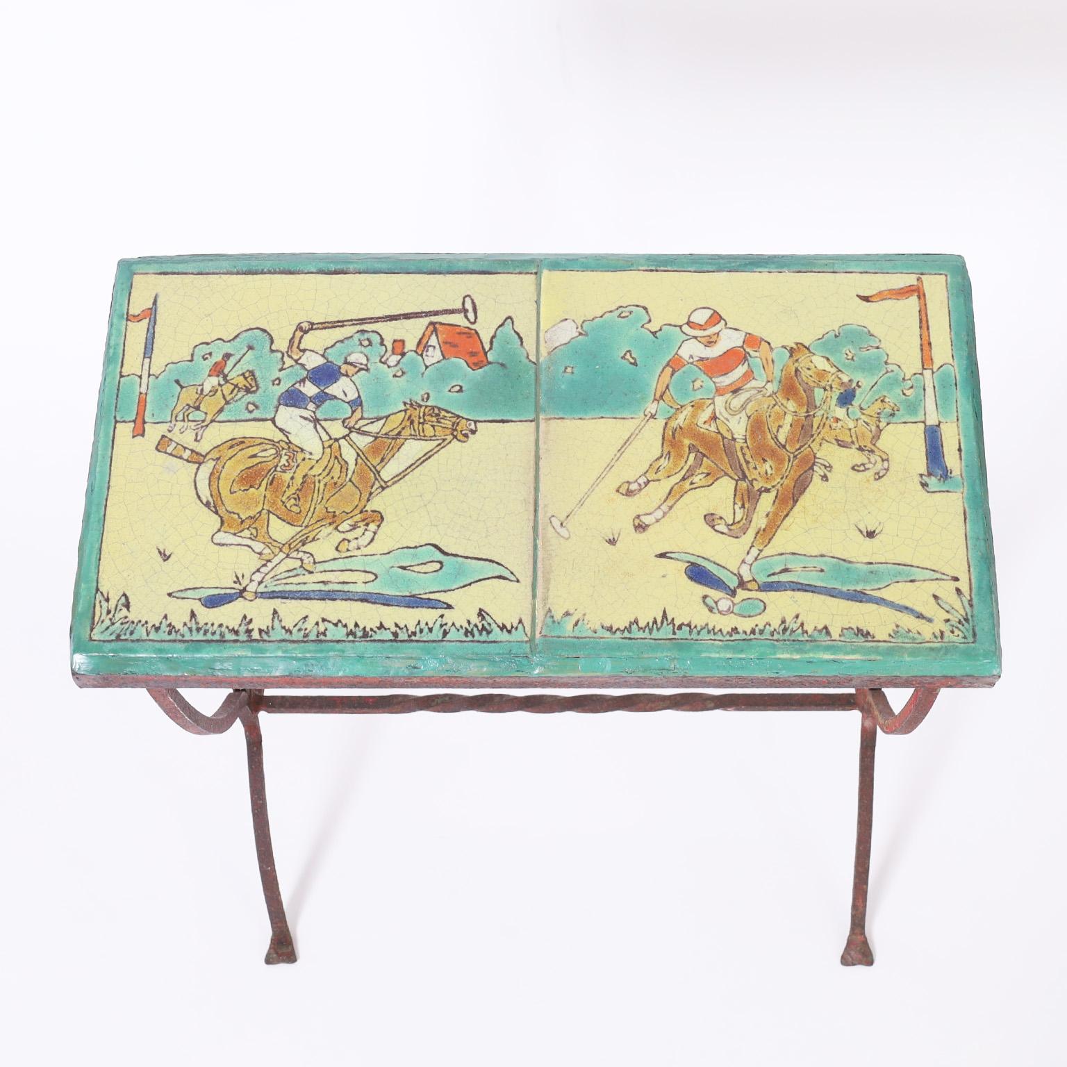 Hand-Crafted Antique Iron Table or Stand with a Polo Themed Tile Top For Sale