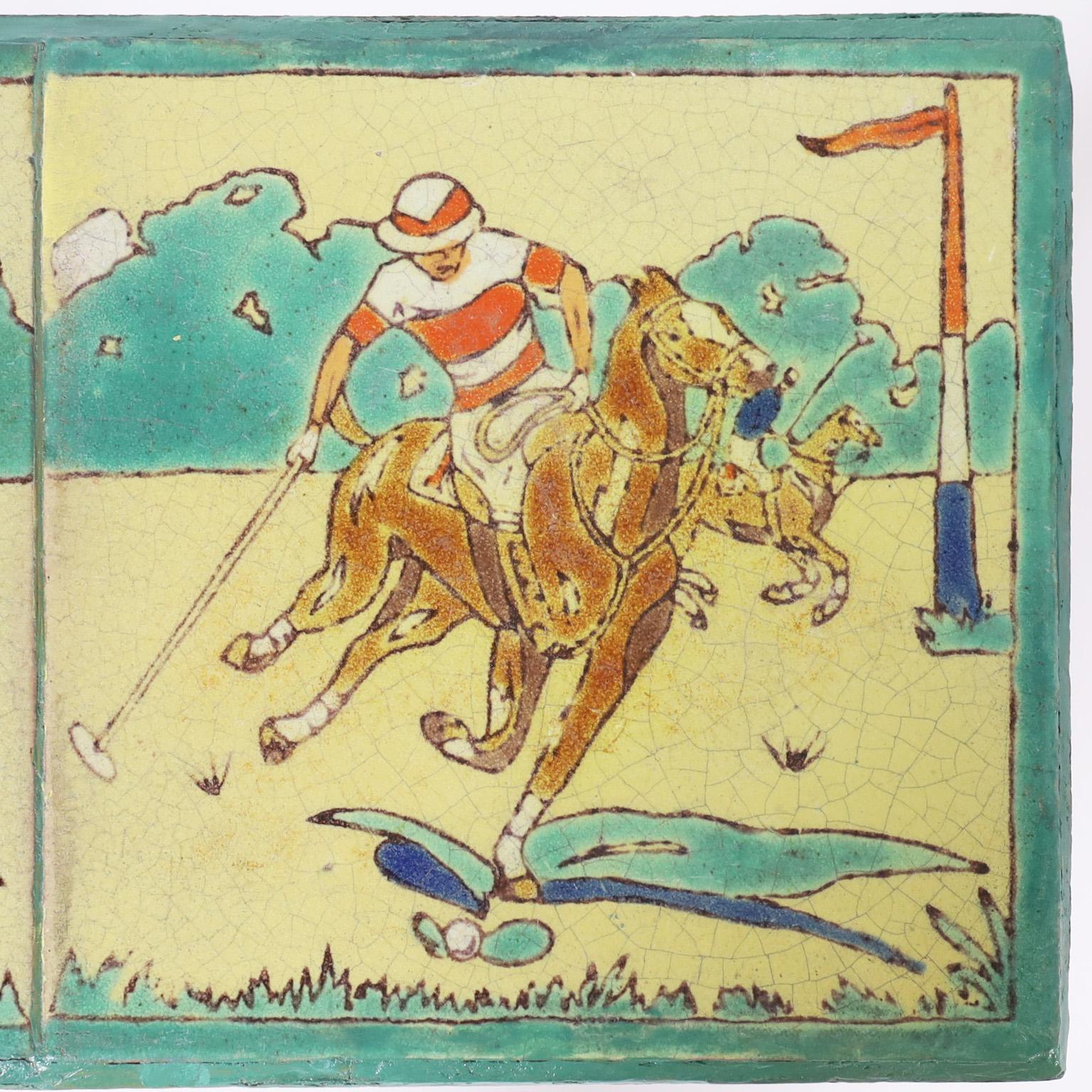 20th Century Antique Iron Table or Stand with a Polo Themed Tile Top For Sale