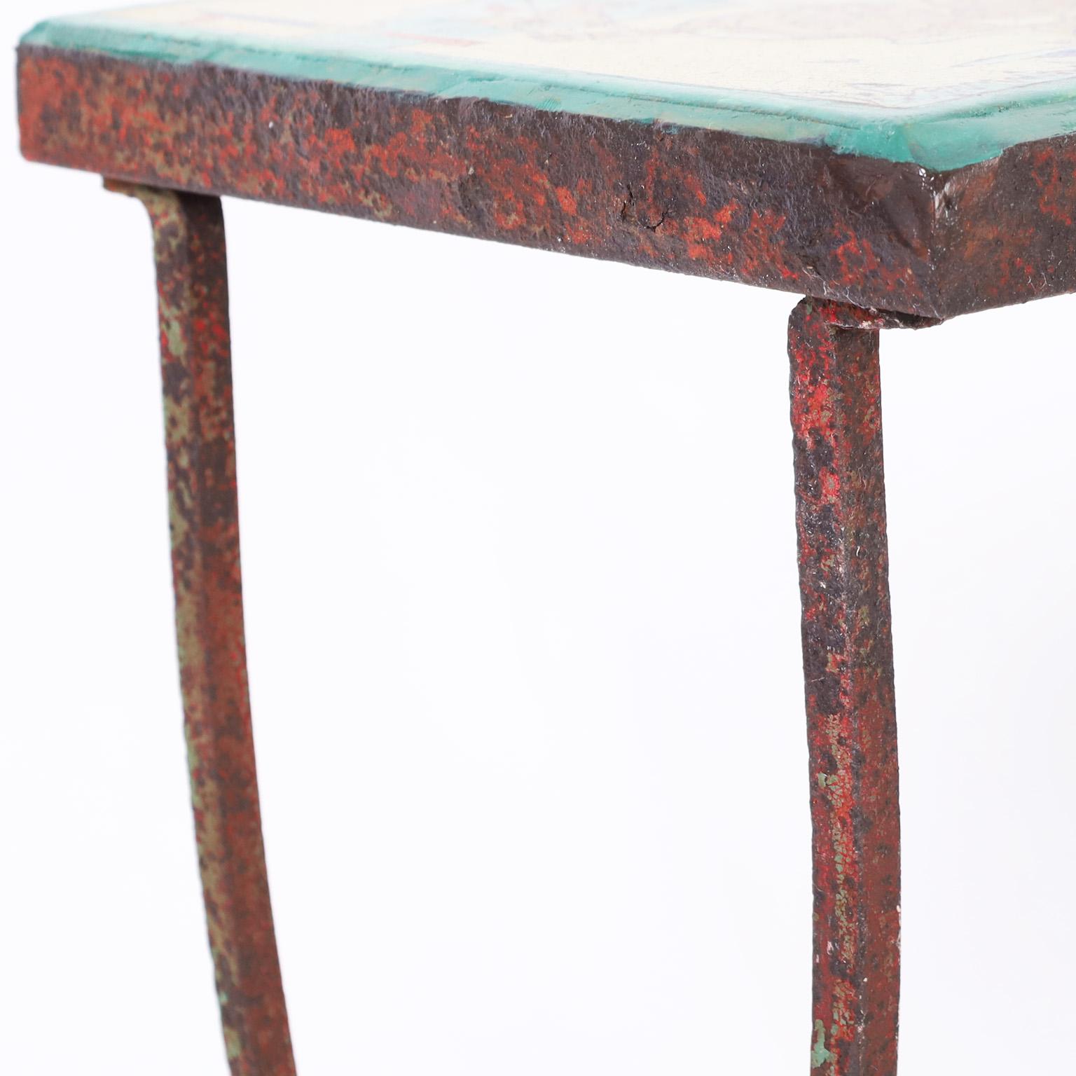 Antiker Eisentisch oder Ständer mit Kachelplatte im Polo-Stil (Metall) im Angebot
