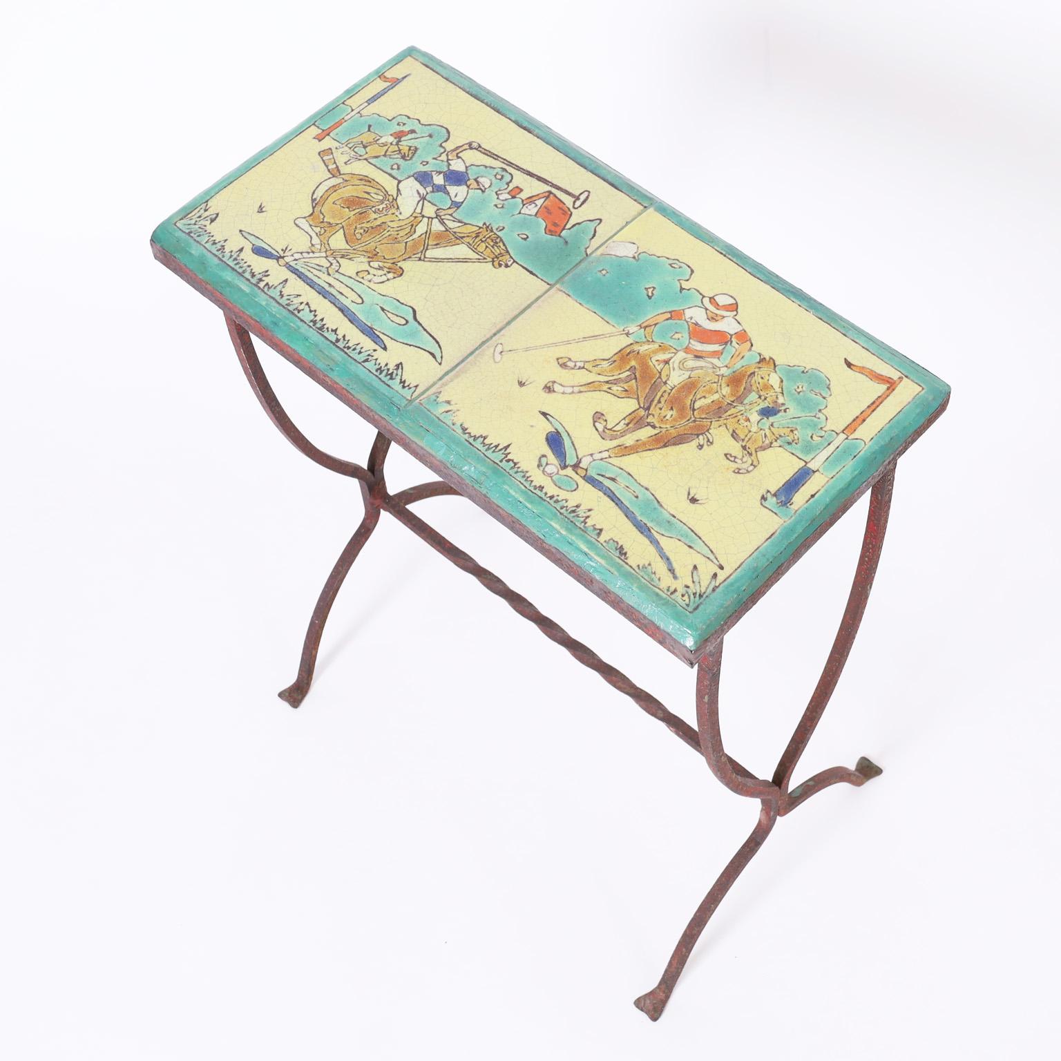 Antique Iron Table or Stand with a Polo Themed Tile Top For Sale