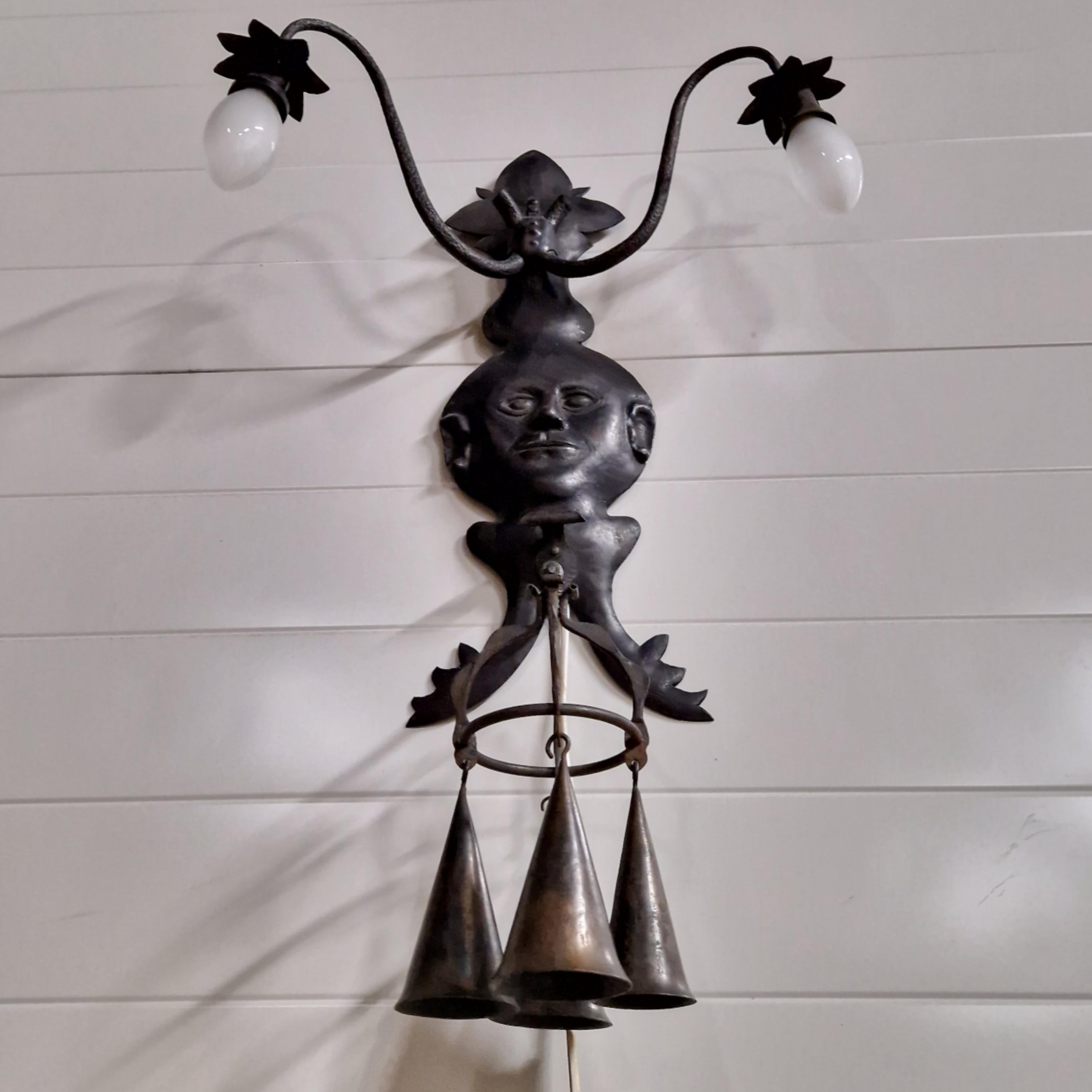 Antique iron wall lamp with bells, 1920s For Sale 3