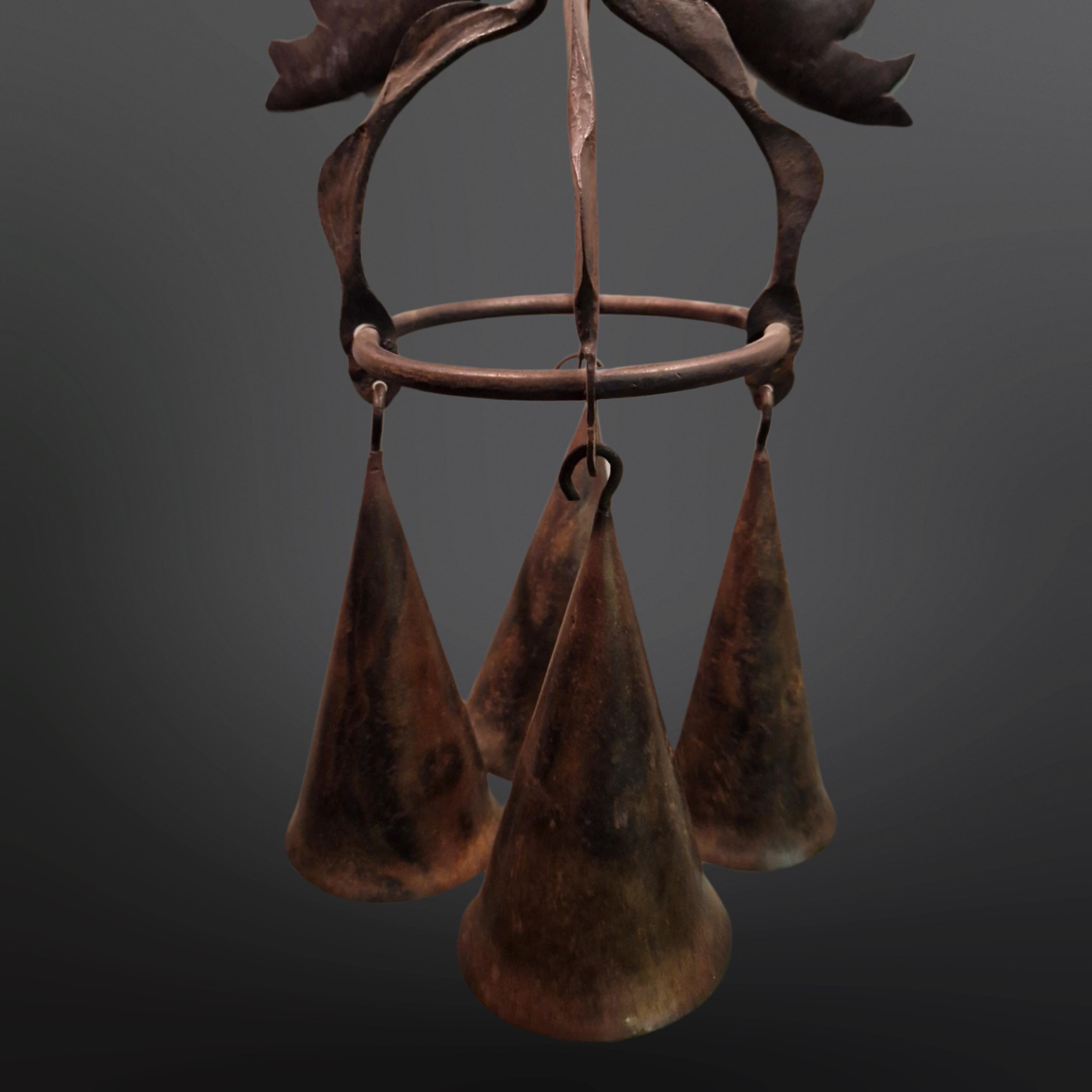 Hammered Antique iron wall lamp with bells, 1920s For Sale