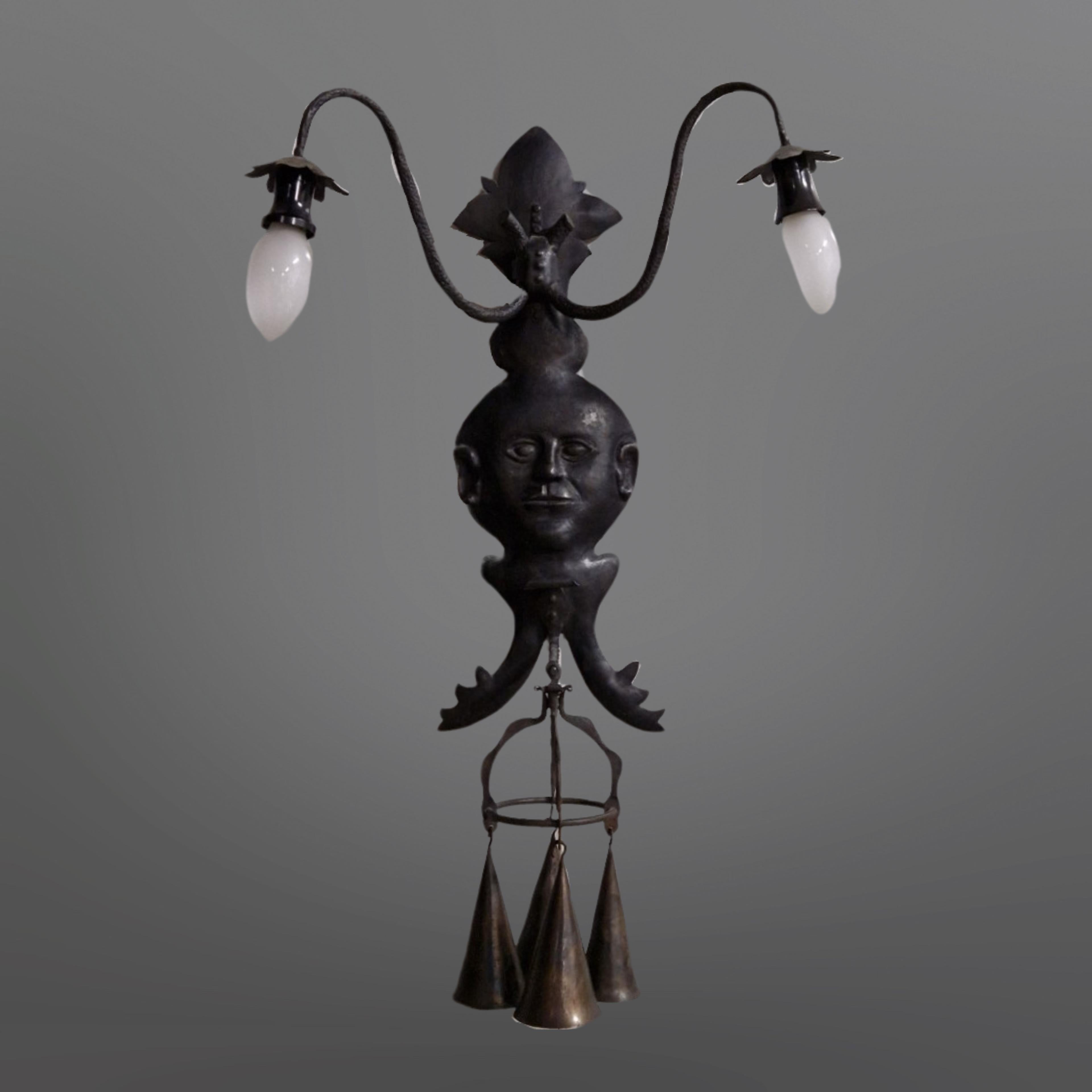 Antique iron wall lamp with bells, 1920s In Good Condition For Sale In ECHT, NL