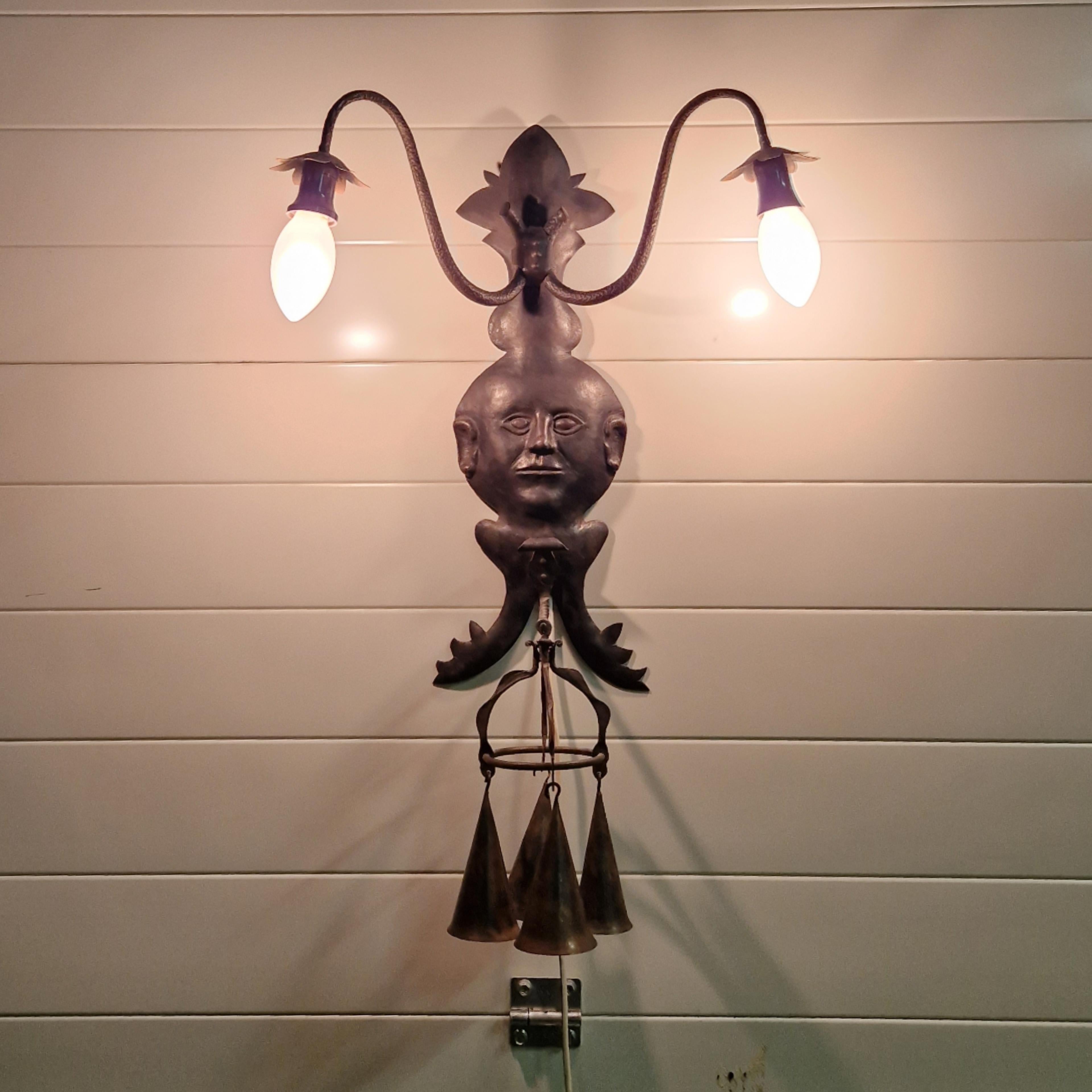 Antique iron wall lamp with bells, 1920s For Sale 1