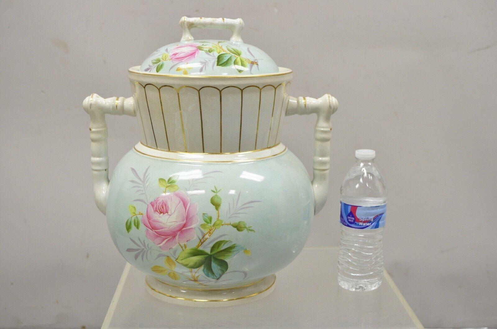 Antique Ironstone China Coxon & Co. Light Green Pottery Wash Bowl Basin and Pitcher. Item features a wonderful floral painted details, large impressive size, listing includes a large wash basin and large lidded pitcher with handles, original stamp