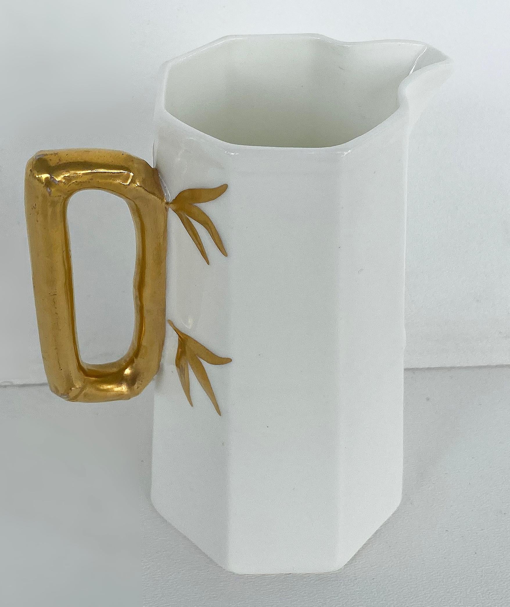 Antique Ironstone Porcelain Pitcher with Ornate Gilt Handle In Good Condition For Sale In Miami, FL