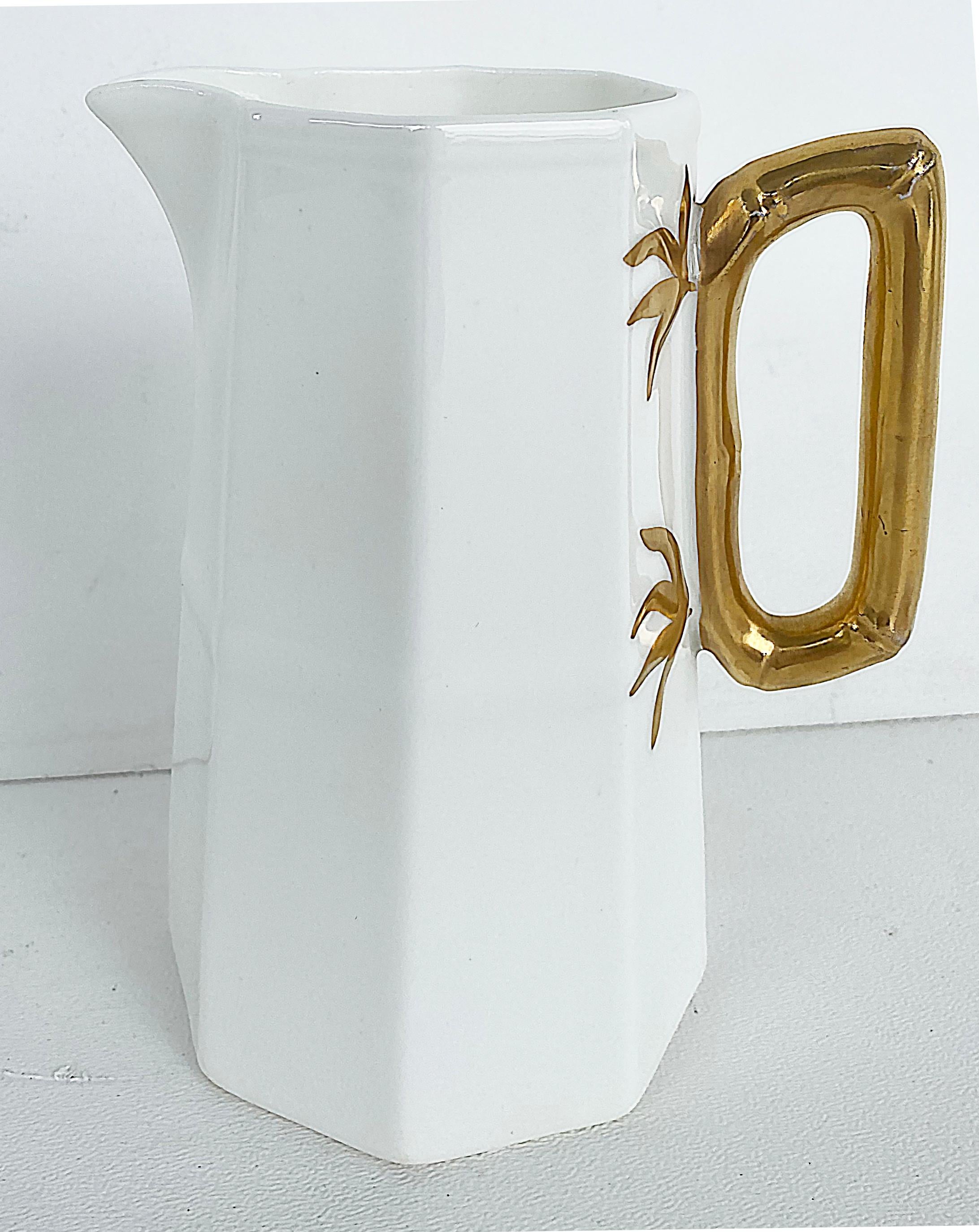 Antique Ironstone Porcelain Pitcher with Ornate Gilt Handle For Sale 3