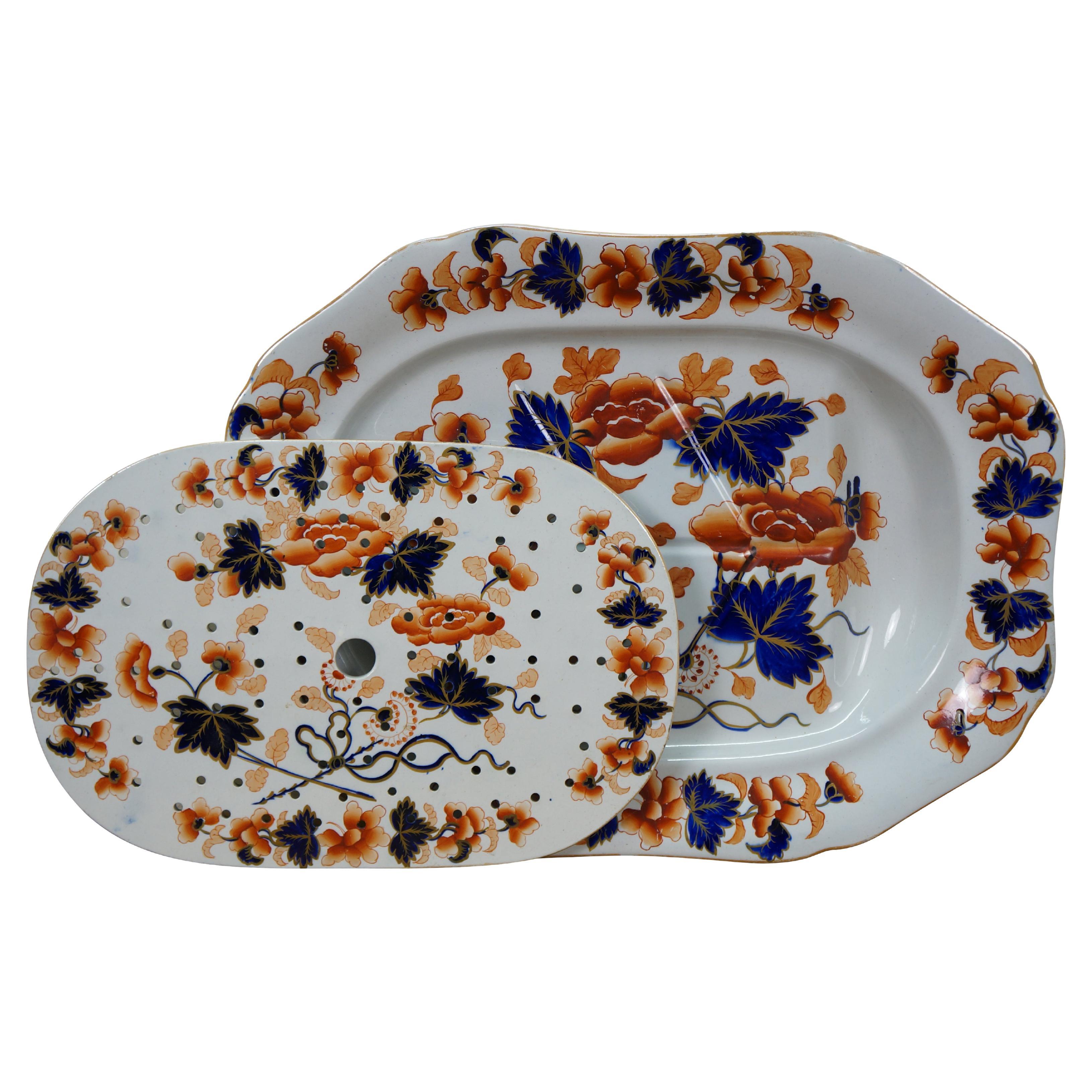 Antique Ironstone Stone China Imari Style Meat Drainer & Serving Platter 19"