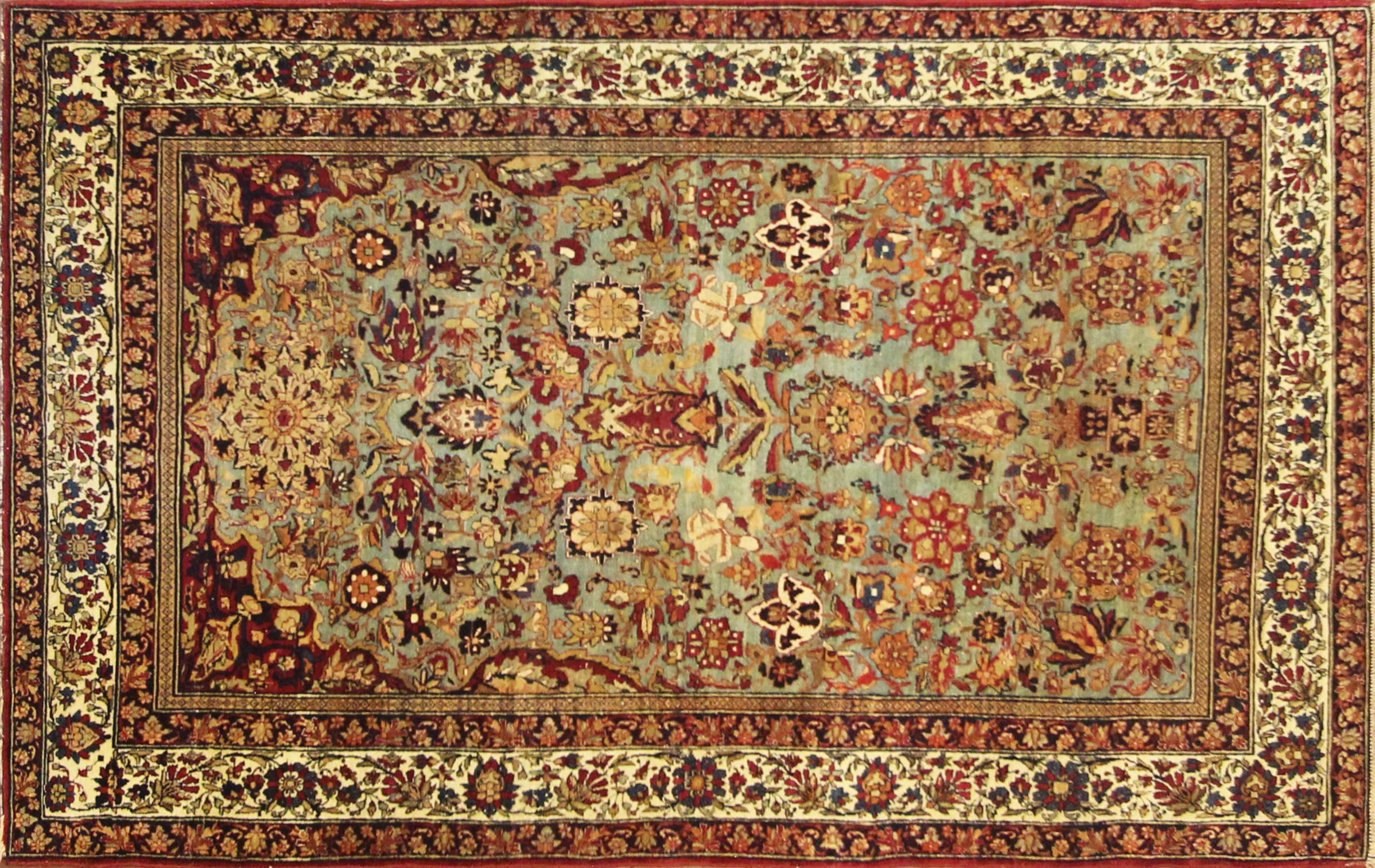 One of the oldest antique Isfahan Ahmad rug with unique blue green color.
Made of wool and very soft cotton like silk.
The Iranian city of Isfahan has long been one of the centres for production of the famous Persian carpet. Isfahani carpets are