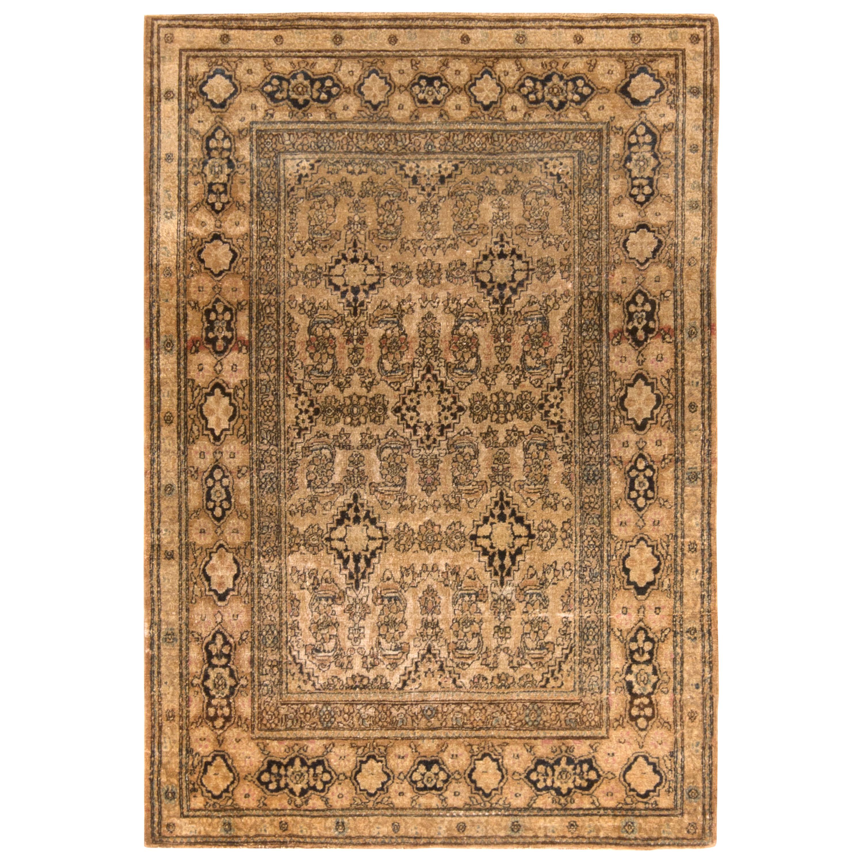 Antique Kerman Beige Brown and Blue Wool Persian Floral Rug For Sale at