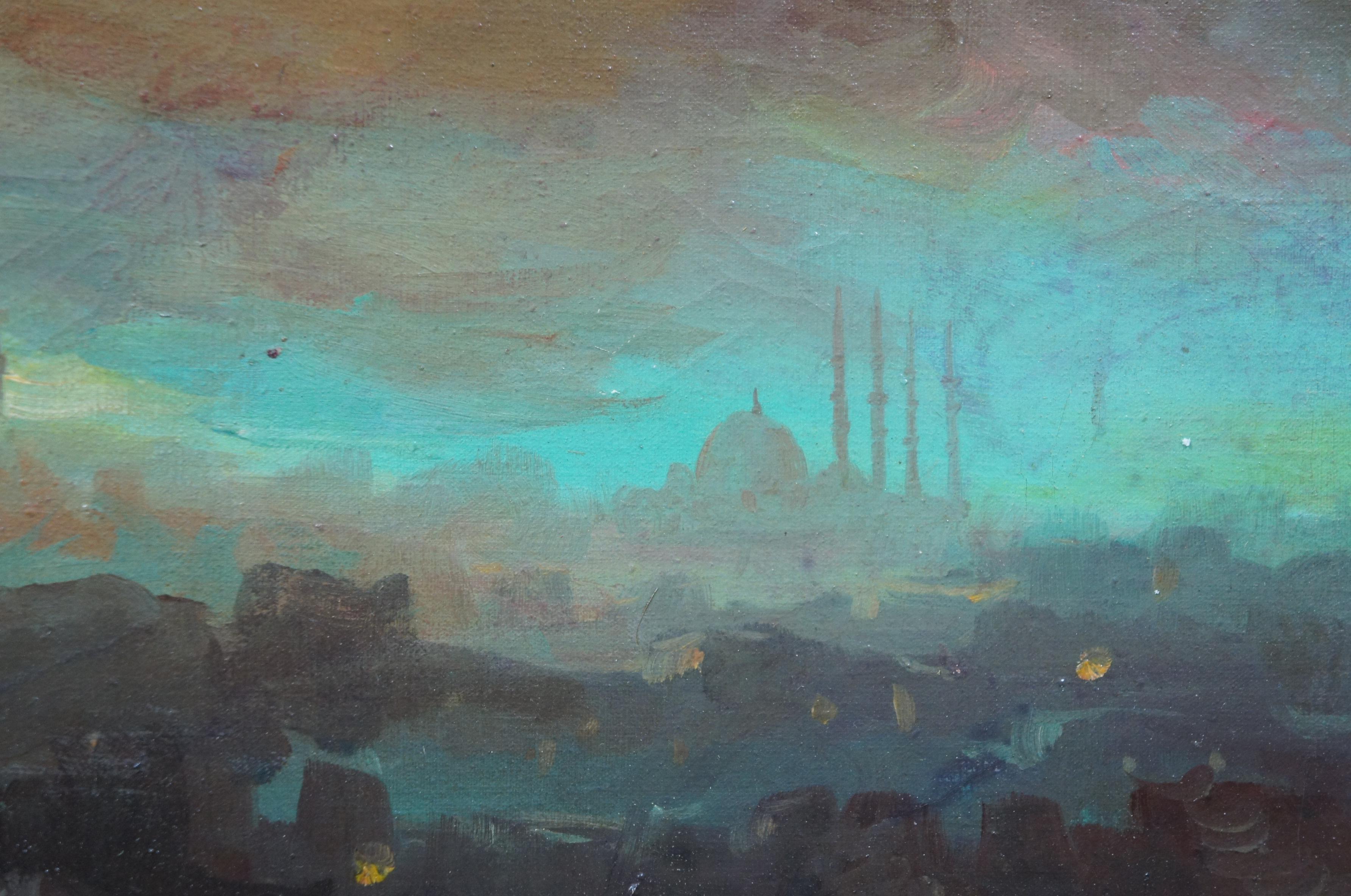 Antique Isfahan Iran Cityscape Painting Impressionist Mosque Skyline Framed 6