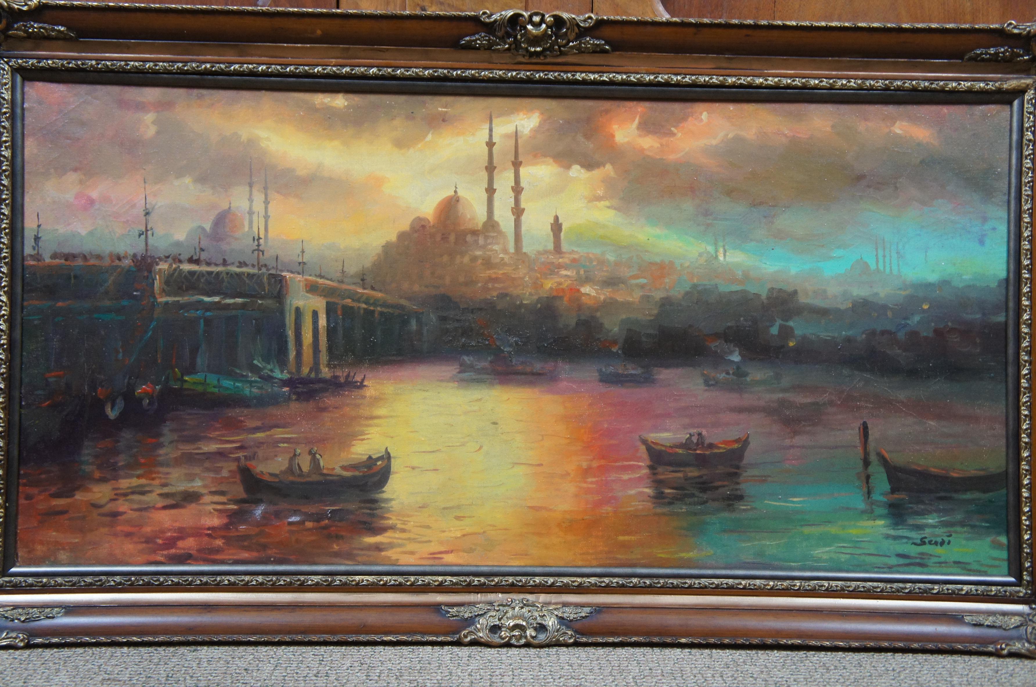20th Century Antique Isfahan Iran Cityscape Painting Impressionist Mosque Skyline Framed