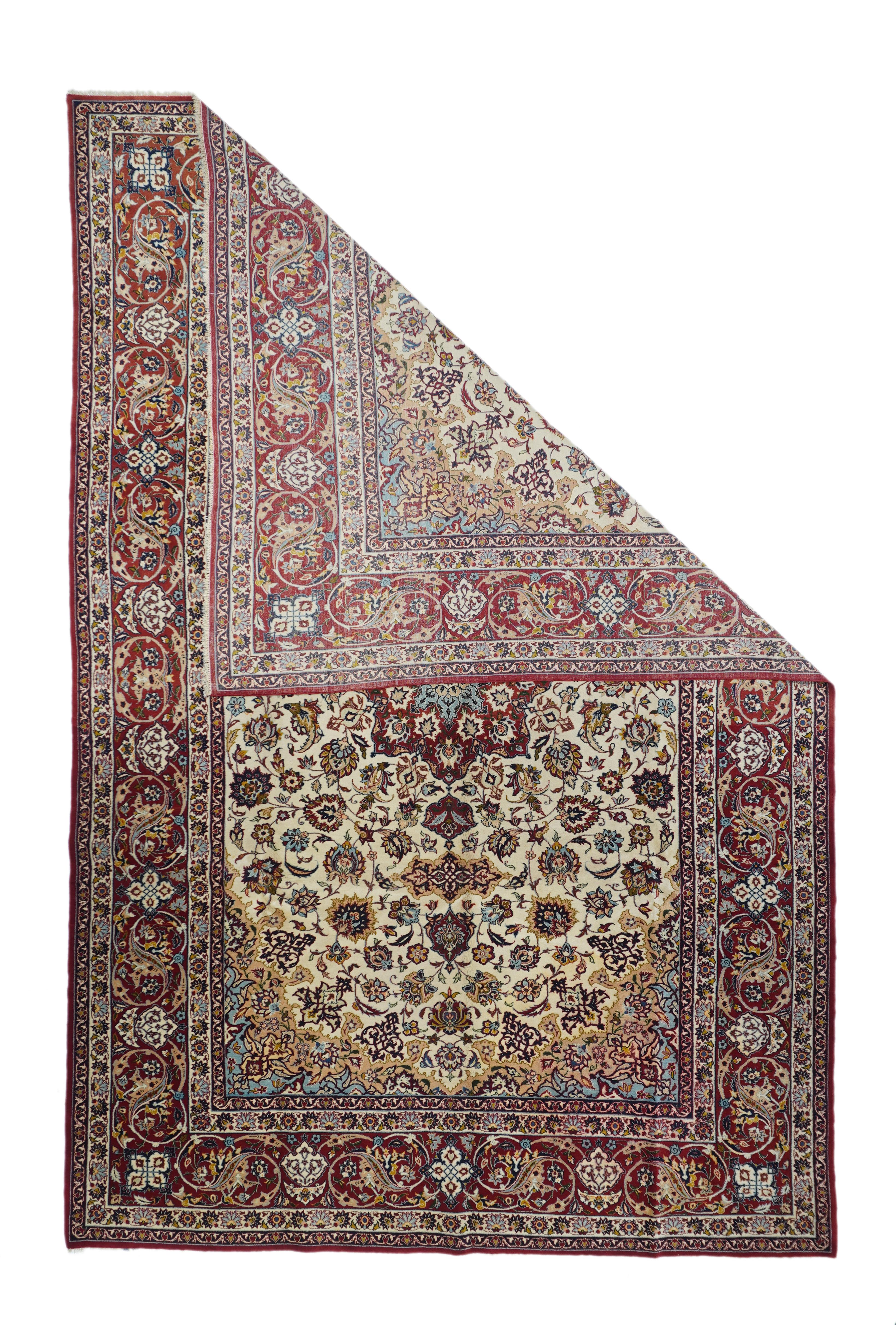 Ivory fields are an Isfahan staple and this very finely woven, cotton foundation, does not disappoint with its red palmette octogramme medallion with a sky blue sub-medallion; with a souble escutcheon and cartouche pendant system, and with
